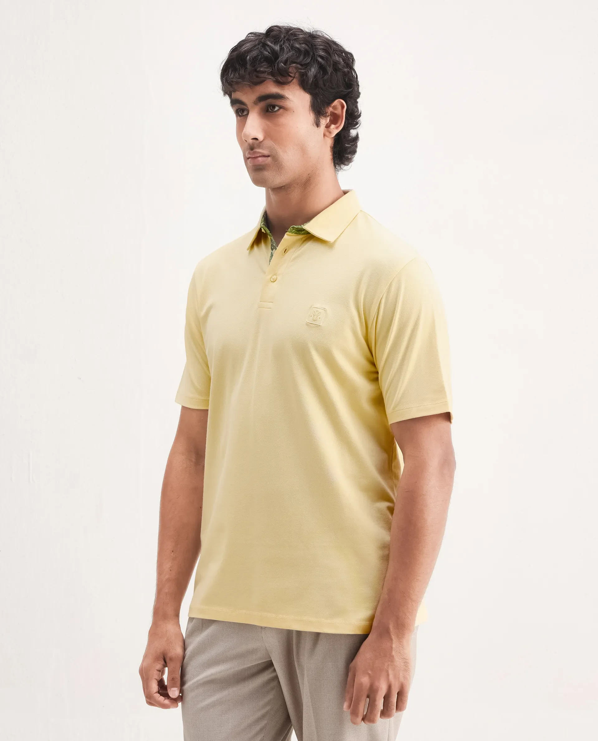 Rare Rabbit Men's Spencer Yellow Cotton Plain Regular Fit Half Sleeve Polo - Image 5