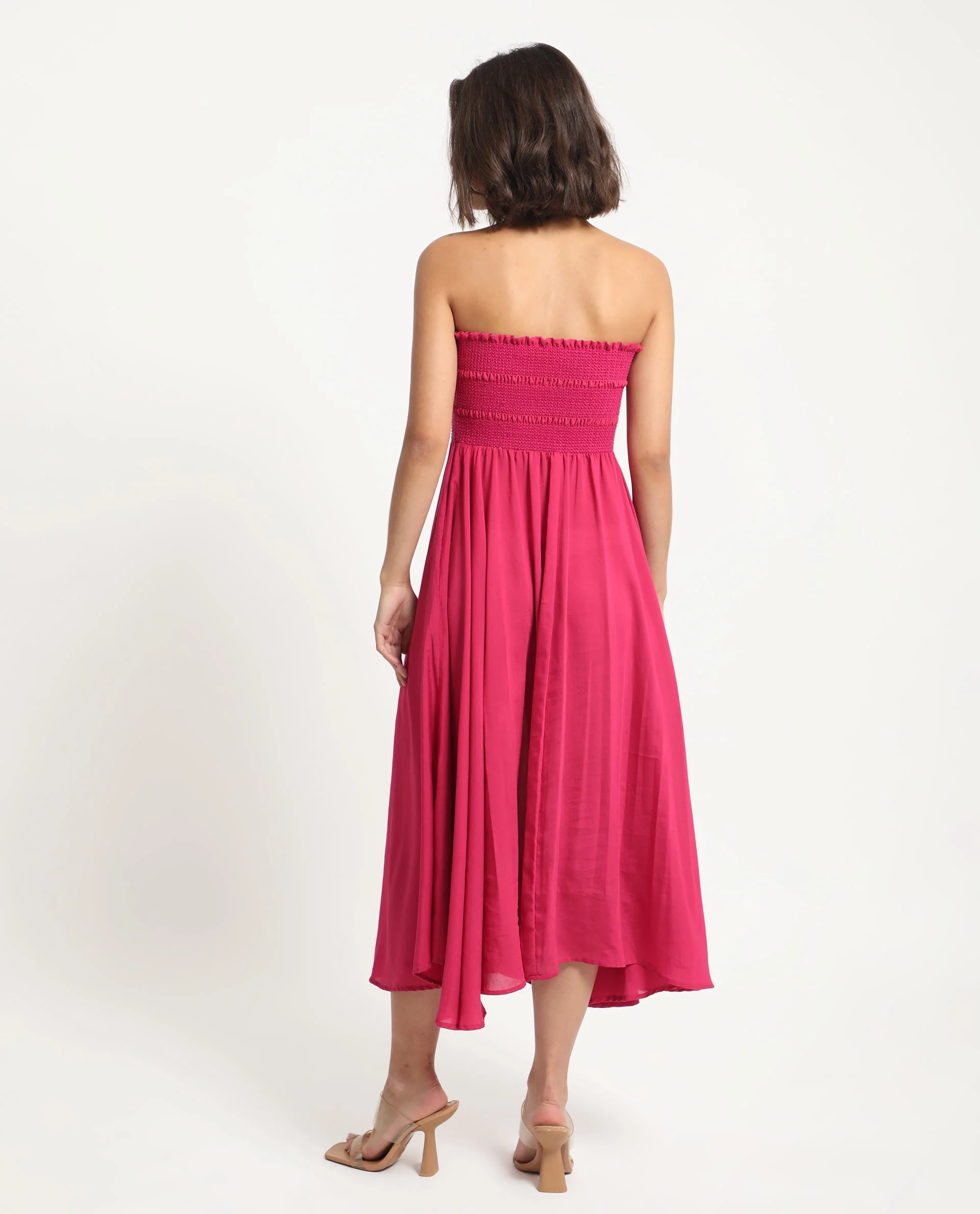 Rareism Women's Sperb Dark Pink Viscose Blend Tube Neck Plain Shoulder Strap Knee Length Fit And Flare Dress - Image 10