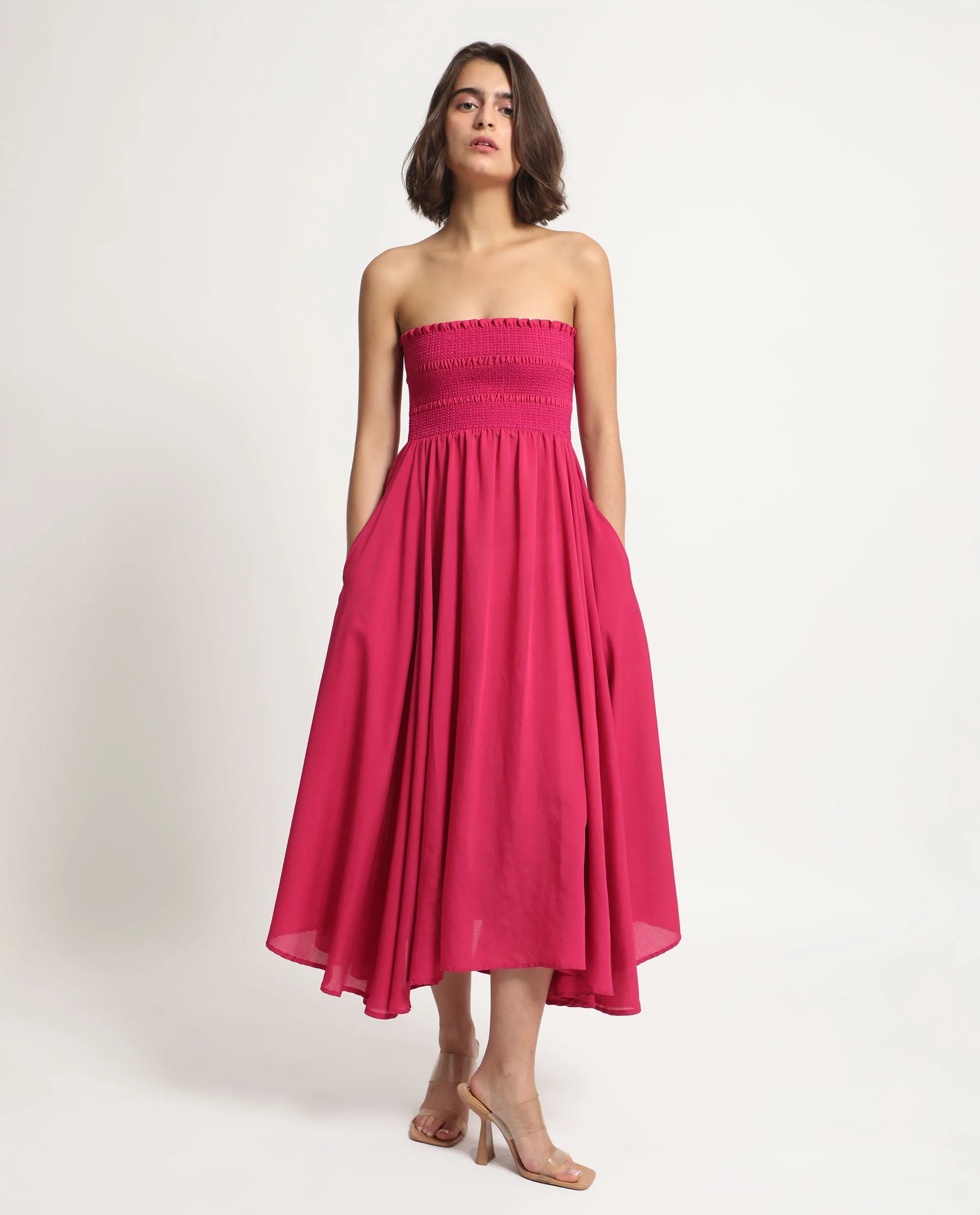 Rareism Women's Sperb Dark Pink Viscose Blend Tube Neck Plain Shoulder Strap Knee Length Fit And Flare Dress - Image 2