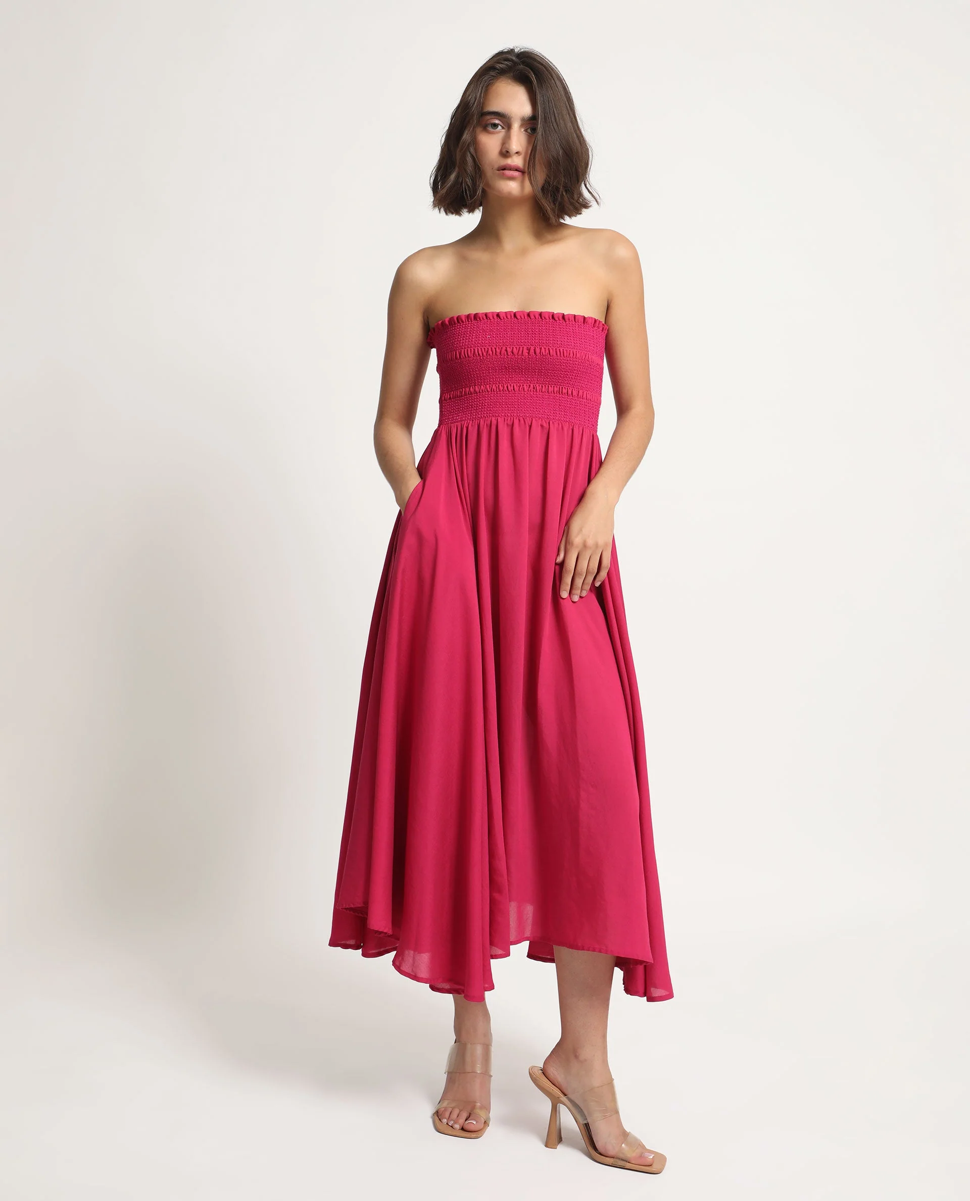Rareism Women's Sperb Dark Pink Viscose Blend Tube Neck Plain Shoulder Strap Knee Length Fit And Flare Dress - Image 4