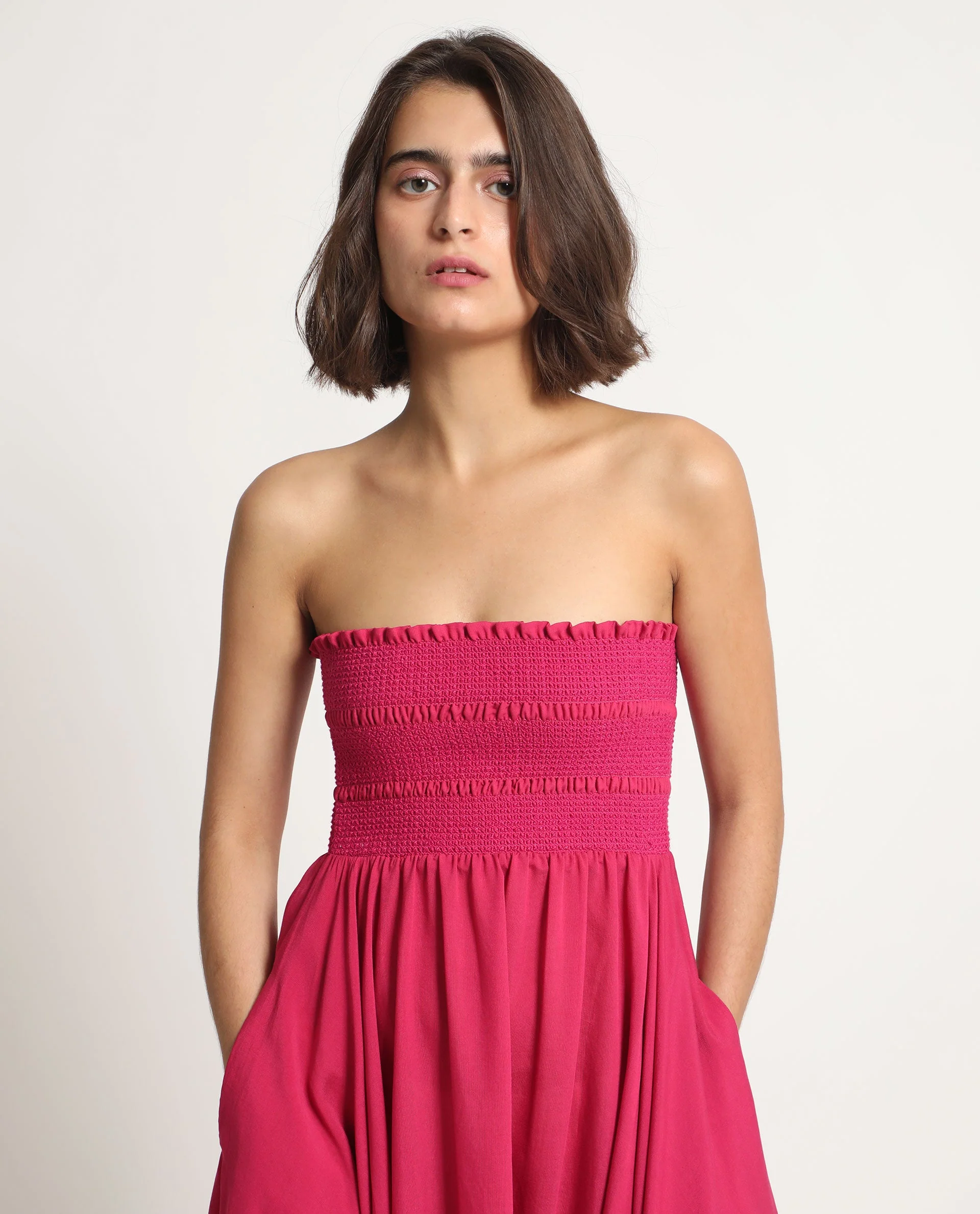 Rareism Women's Sperb Dark Pink Viscose Blend Tube Neck Plain Shoulder Strap Knee Length Fit And Flare Dress - Image 6