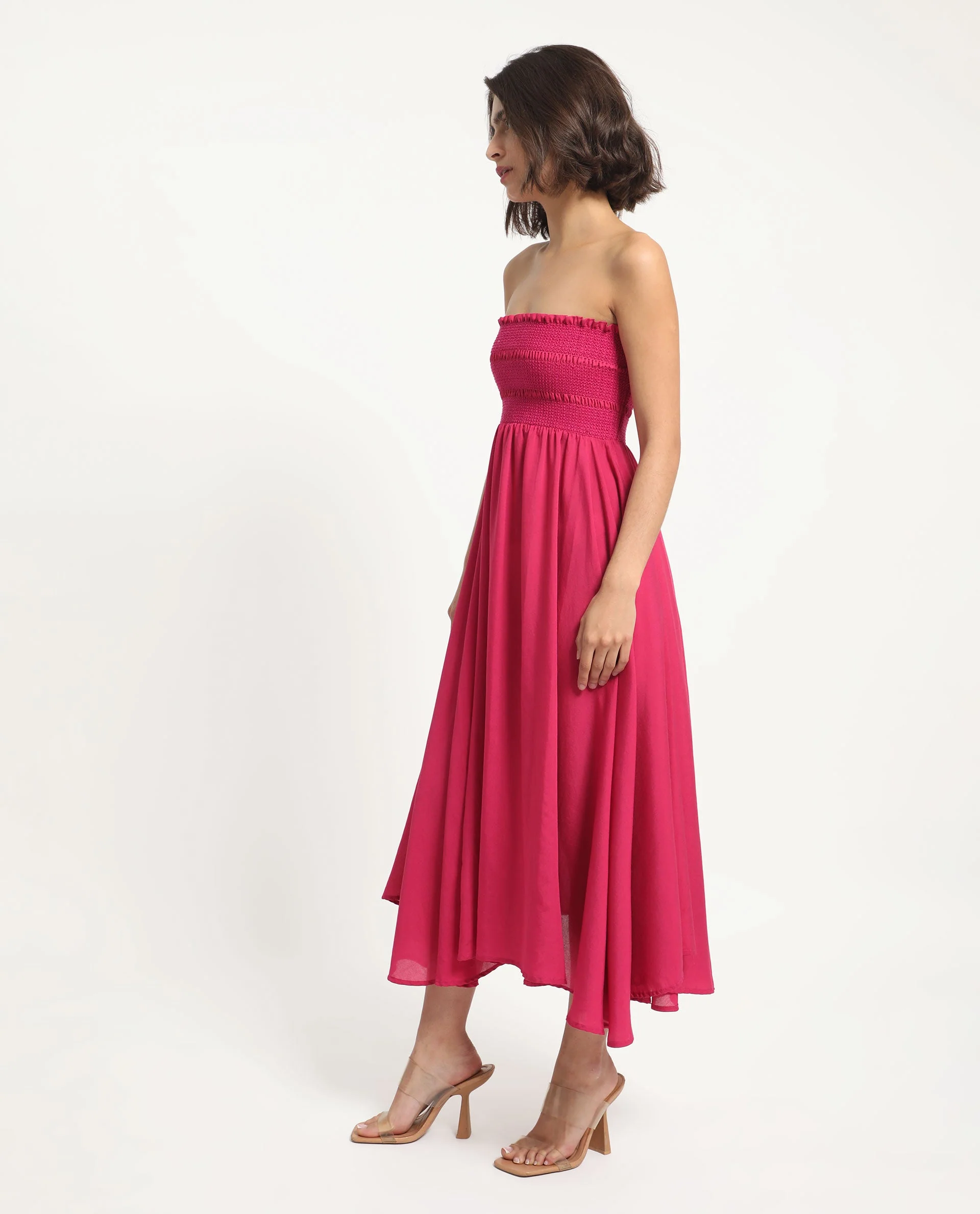 Rareism Women's Sperb Dark Pink Viscose Blend Tube Neck Plain Shoulder Strap Knee Length Fit And Flare Dress - Image 7