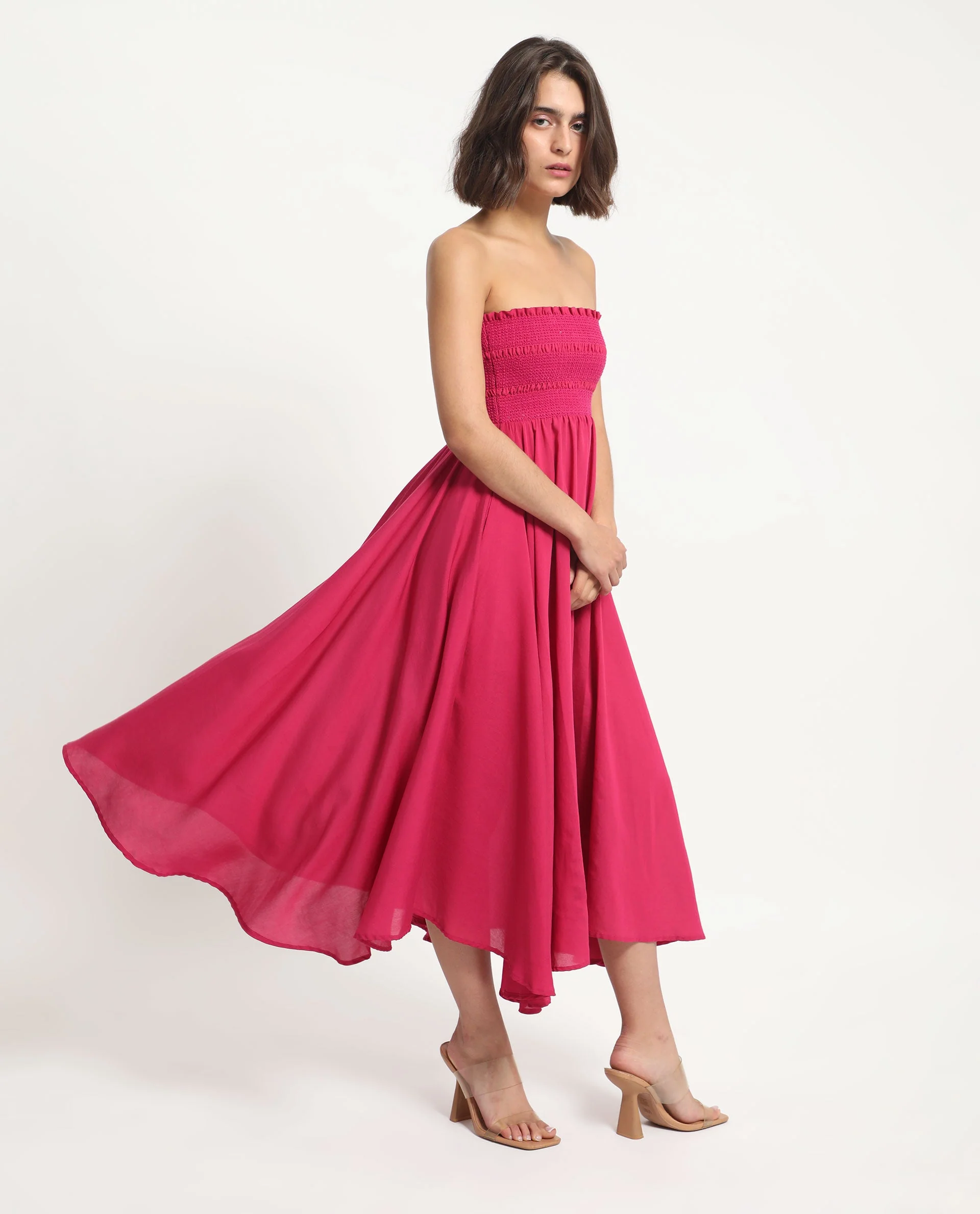Rareism Women's Sperb Dark Pink Viscose Blend Tube Neck Plain Shoulder Strap Knee Length Fit And Flare Dress - Image 8