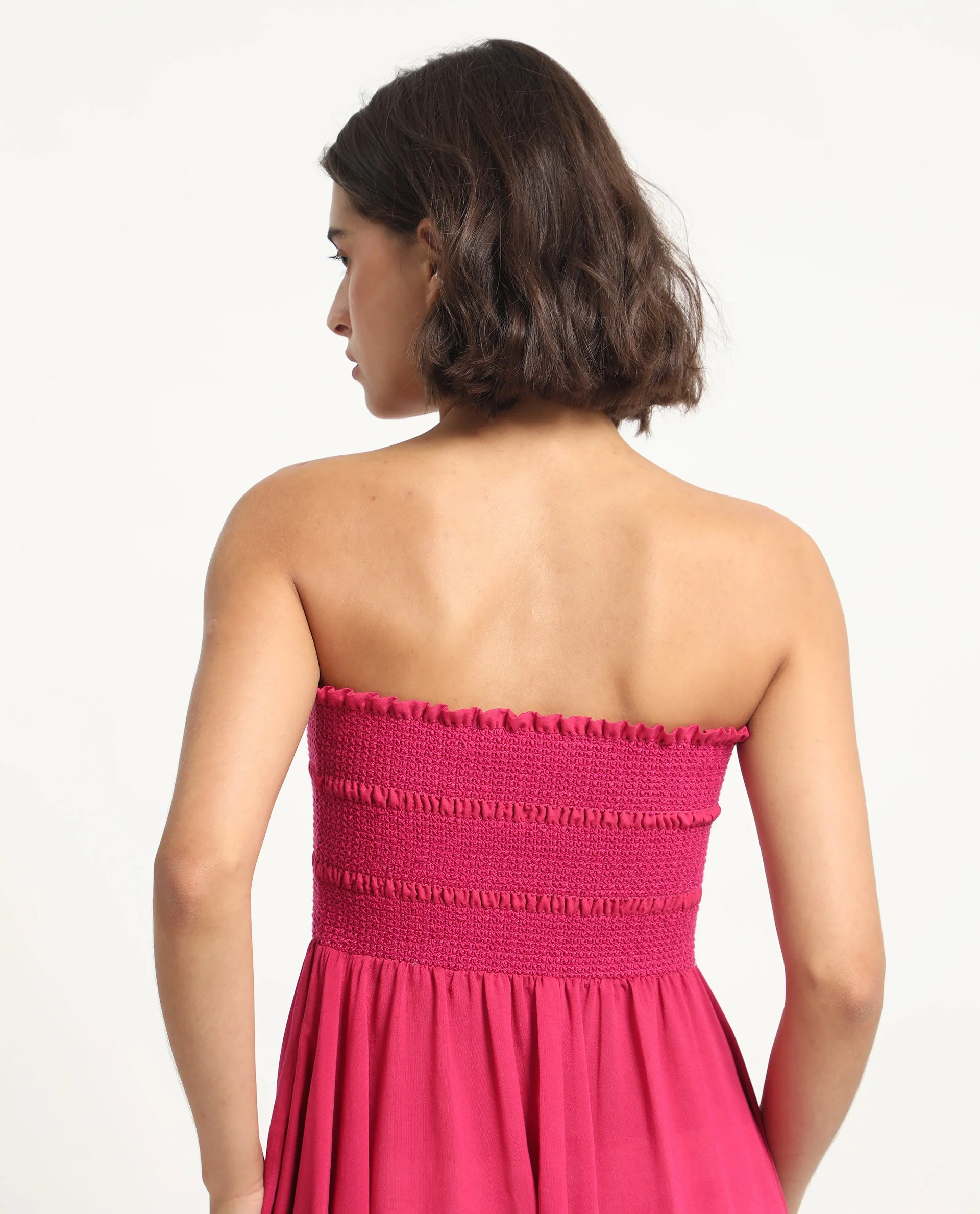 Rareism Women's Sperb Dark Pink Viscose Blend Tube Neck Plain Shoulder Strap Knee Length Fit And Flare Dress - Image 9