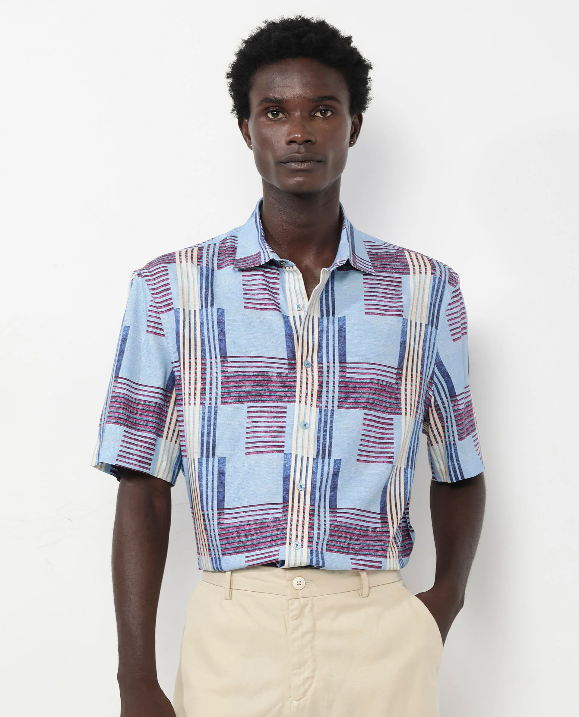 Rare Rabbit Men's Spica Light Blue Viscose Abstract Print Boxy Fit Half Sleeve Collared Shirt