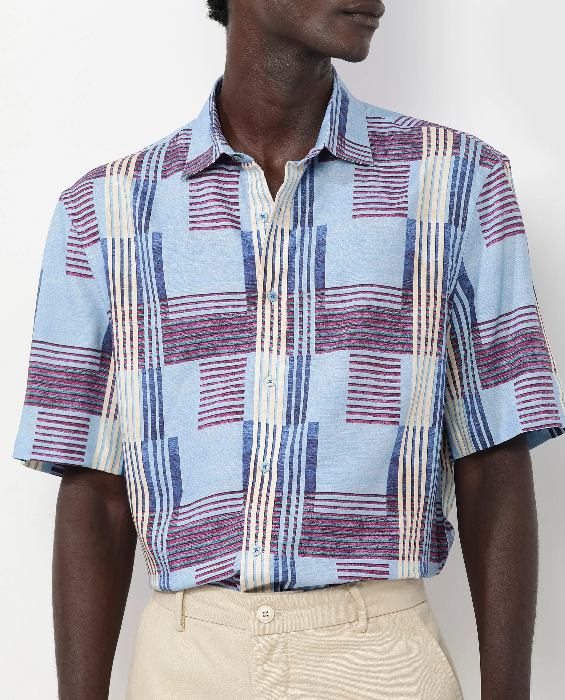 Rare Rabbit Men's Spica Light Blue Viscose Abstract Print Boxy Fit Half Sleeve Collared Shirt - Image 3