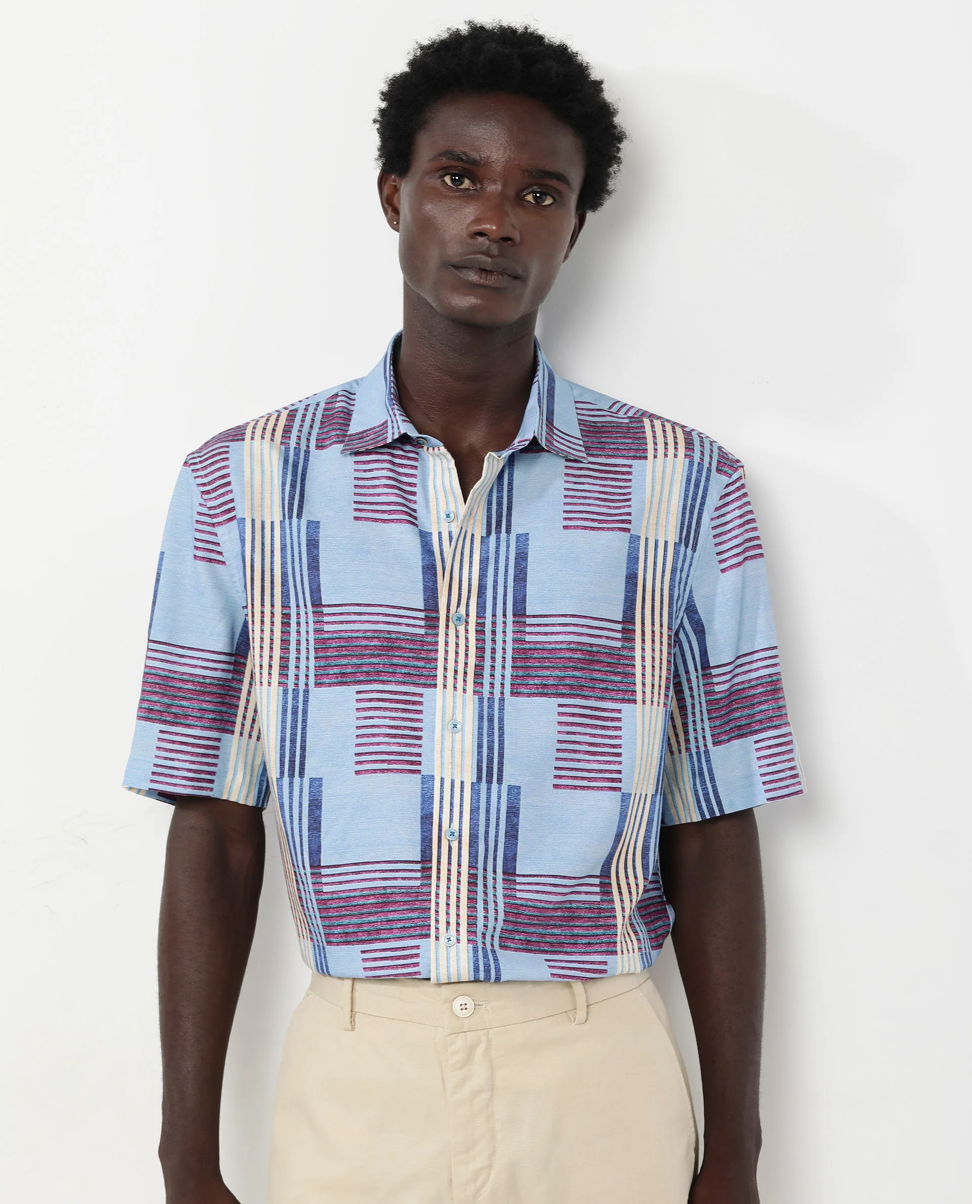 Rare Rabbit Men's Spica Light Blue Viscose Abstract Print Boxy Fit Half Sleeve Collared Shirt - Image 4