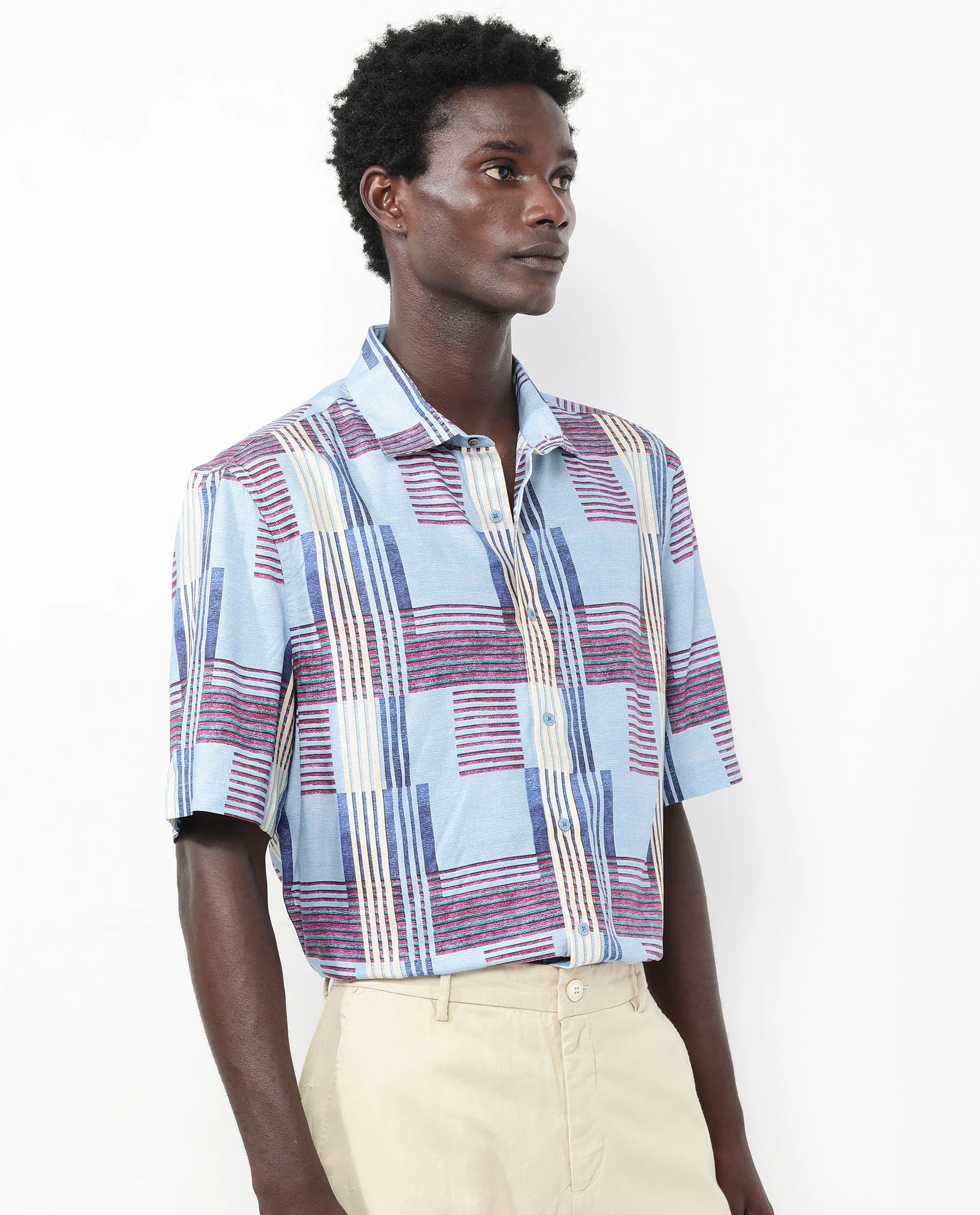 Rare Rabbit Men's Spica Light Blue Viscose Abstract Print Boxy Fit Half Sleeve Collared Shirt - Image 6
