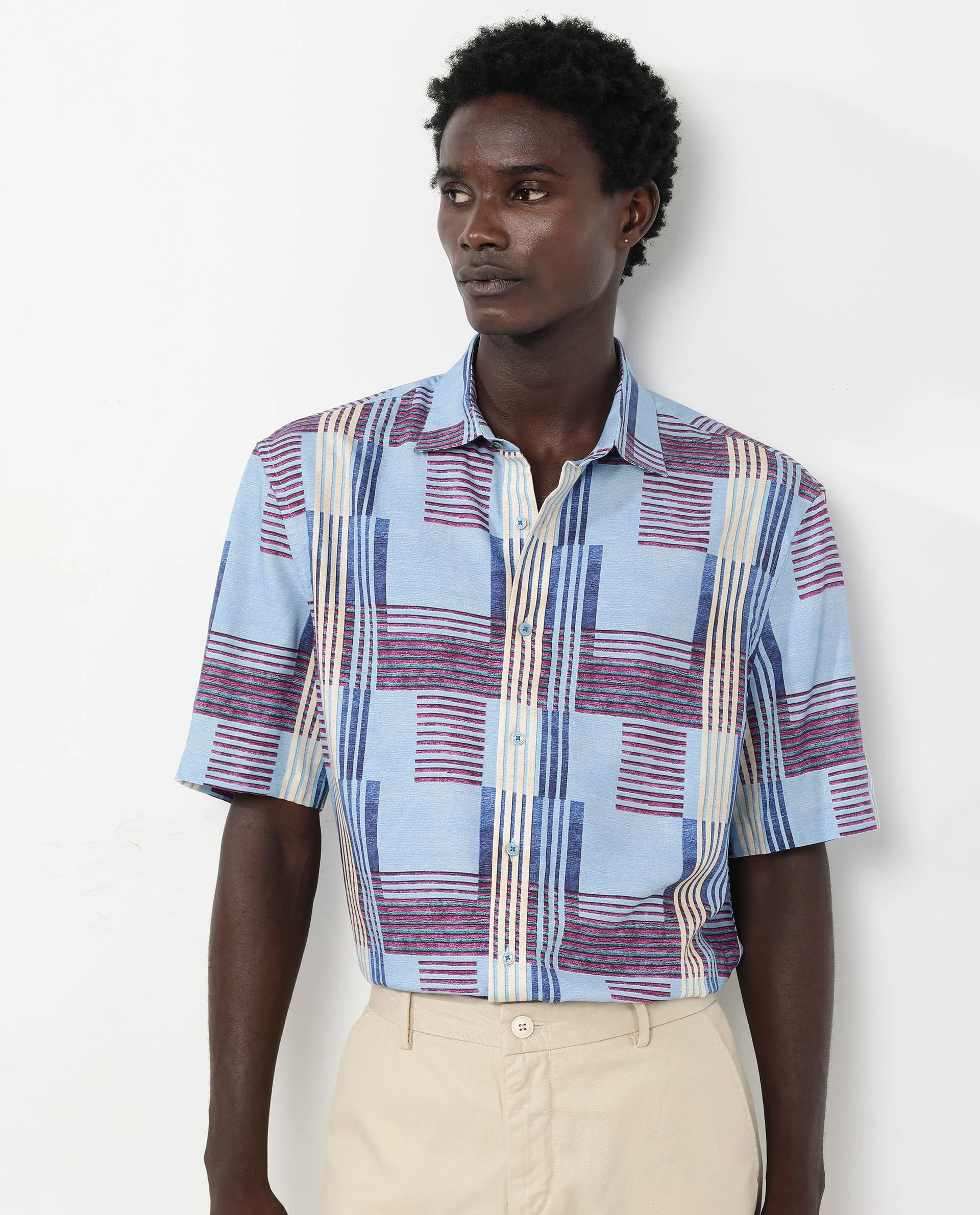 Rare Rabbit Men's Spica Light Blue Viscose Abstract Print Boxy Fit Half Sleeve Collared Shirt - Image 7