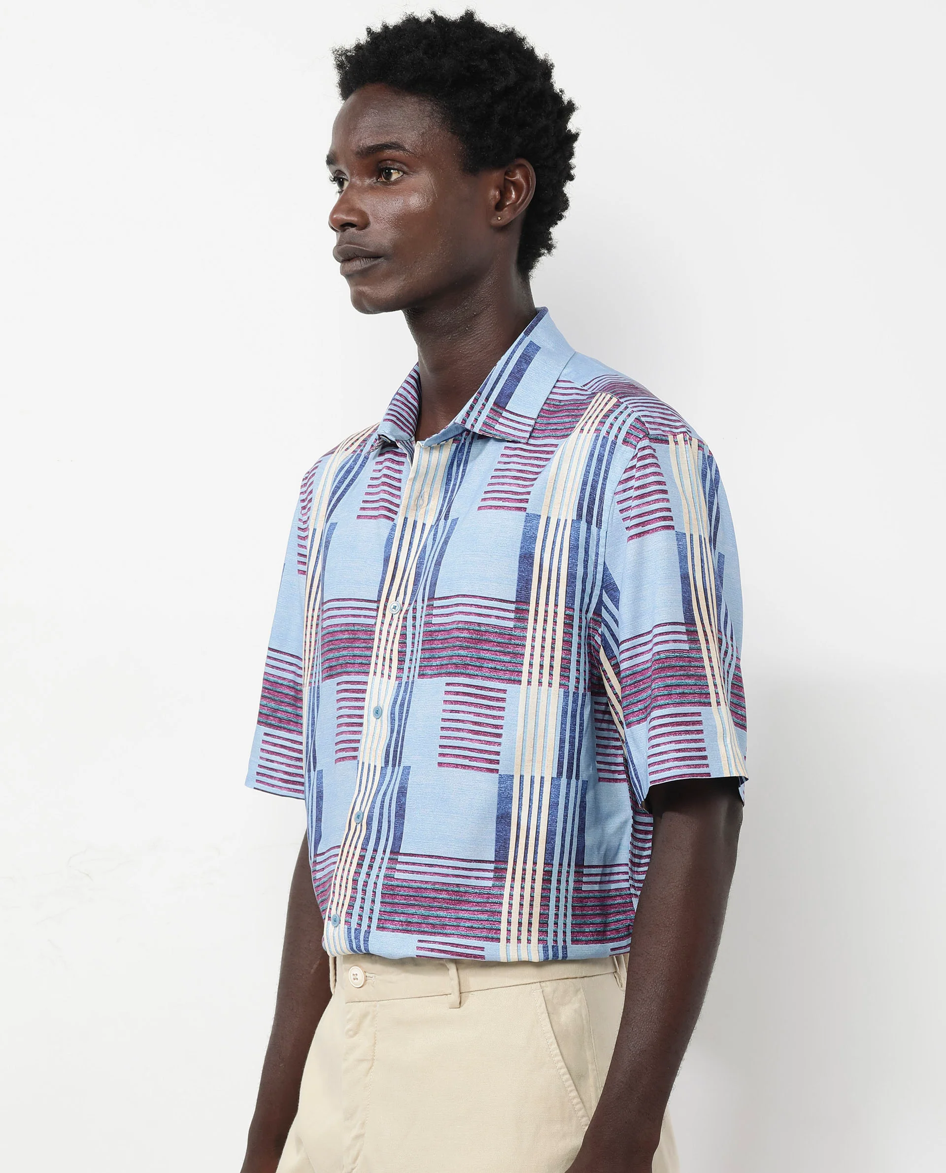 Rare Rabbit Men's Spica Light Blue Viscose Abstract Print Boxy Fit Half Sleeve Collared Shirt - Image 8