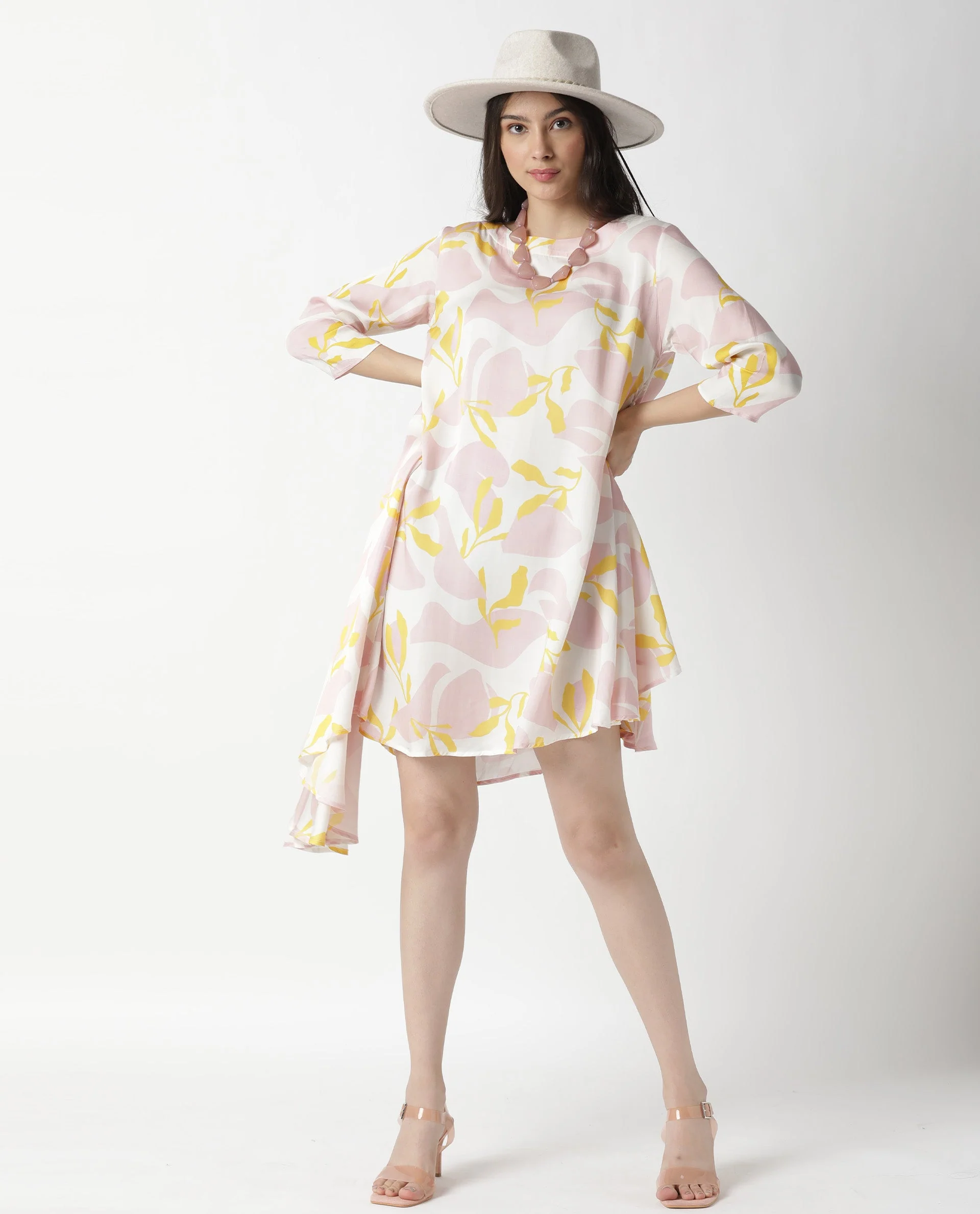 Rareism Womens Spider Pink Dress Modal Fabric Relaxed Fit 3/4 Sleeve Round Neck - Image 10