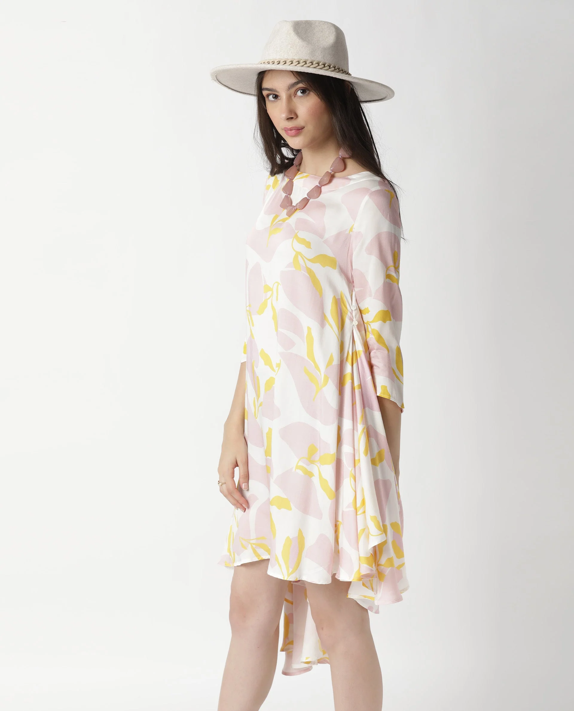 Rareism Womens Spider Pink Dress Modal Fabric Relaxed Fit 3/4 Sleeve Round Neck - Image 3