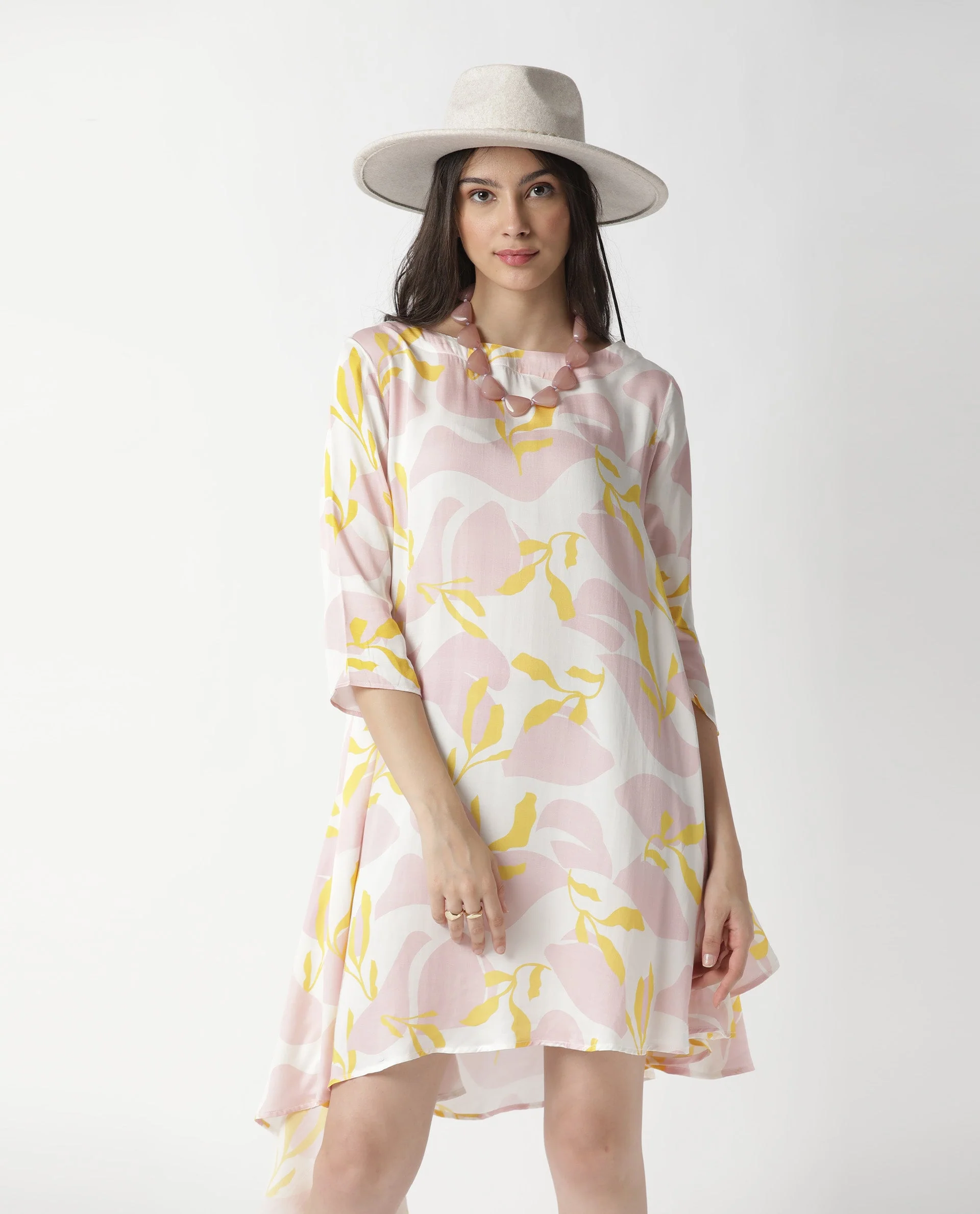 Rareism Womens Spider Pink Dress Modal Fabric Relaxed Fit 3/4 Sleeve Round Neck - Image 4
