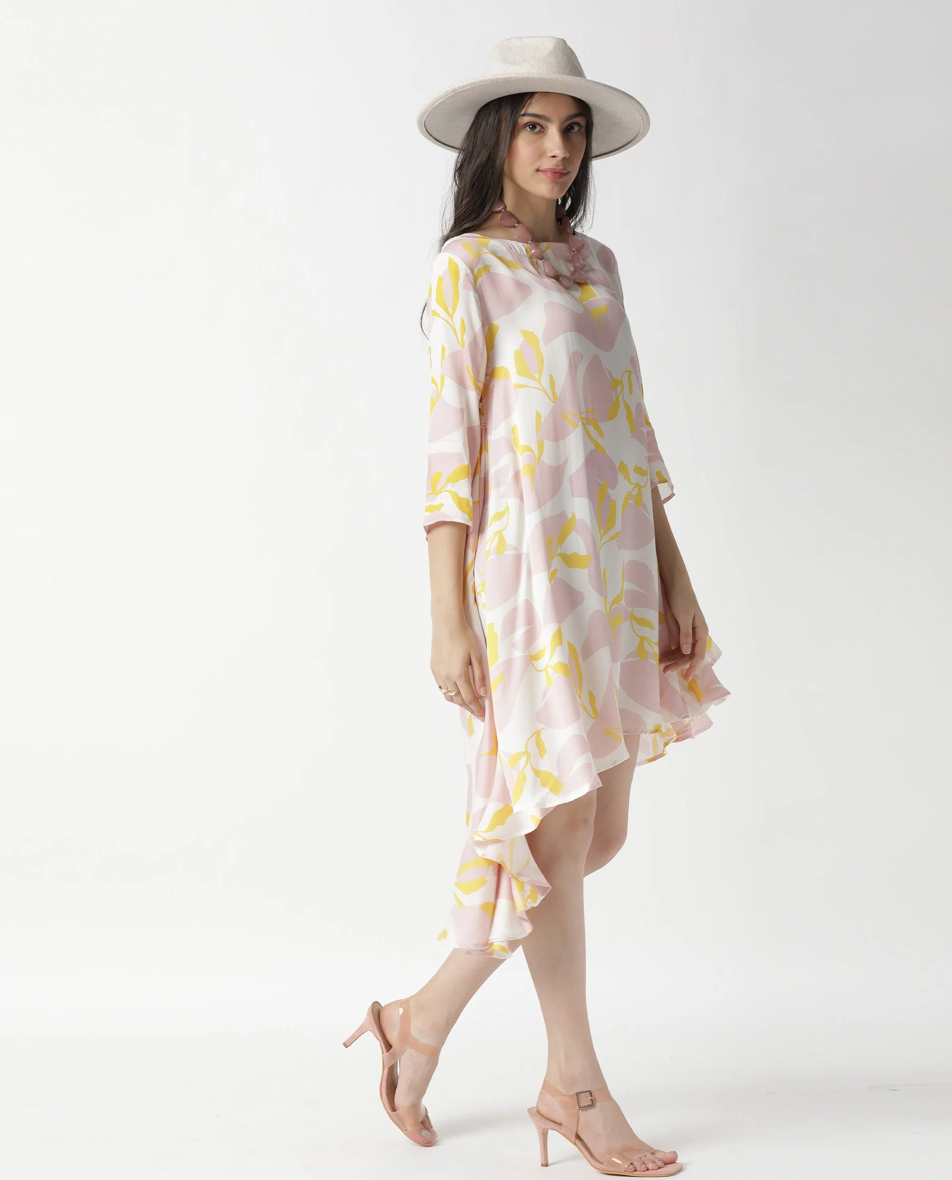 Rareism Womens Spider Pink Dress Modal Fabric Relaxed Fit 3/4 Sleeve Round Neck - Image 5