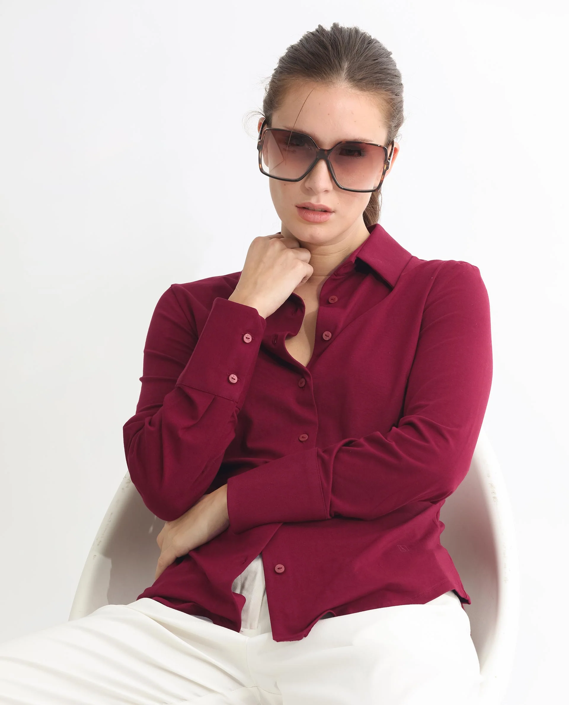 Rareism Women's Spie Maroon Cotton Spread Collar Plain Cuffed Sleeve Regular Fit Shirt