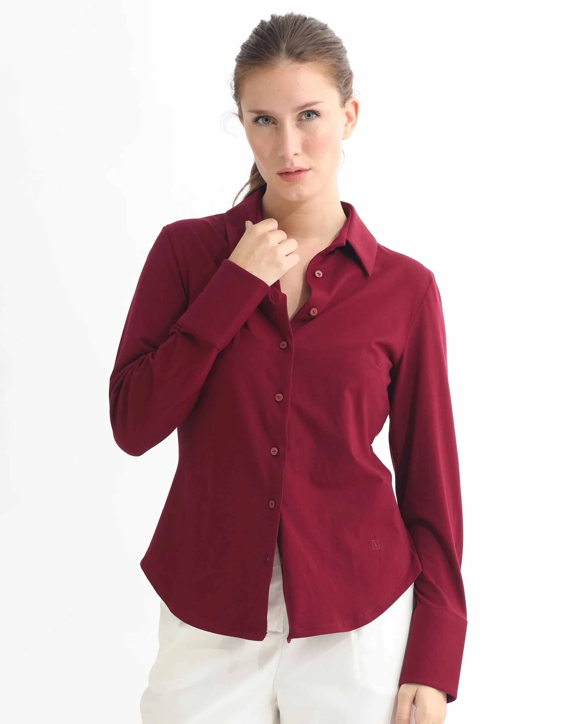 Rareism Women's Spie Maroon Cotton Spread Collar Plain Cuffed Sleeve Regular Fit Shirt - Image 10
