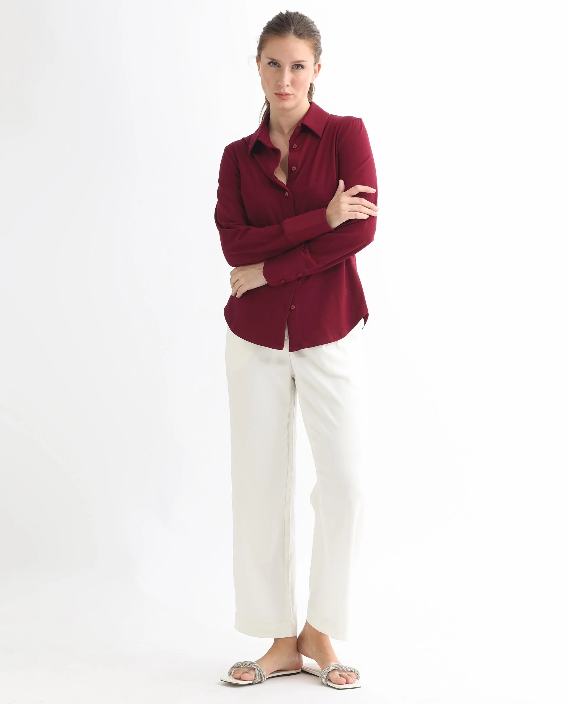 Rareism Women's Spie Maroon Cotton Spread Collar Plain Cuffed Sleeve Regular Fit Shirt - Image 11