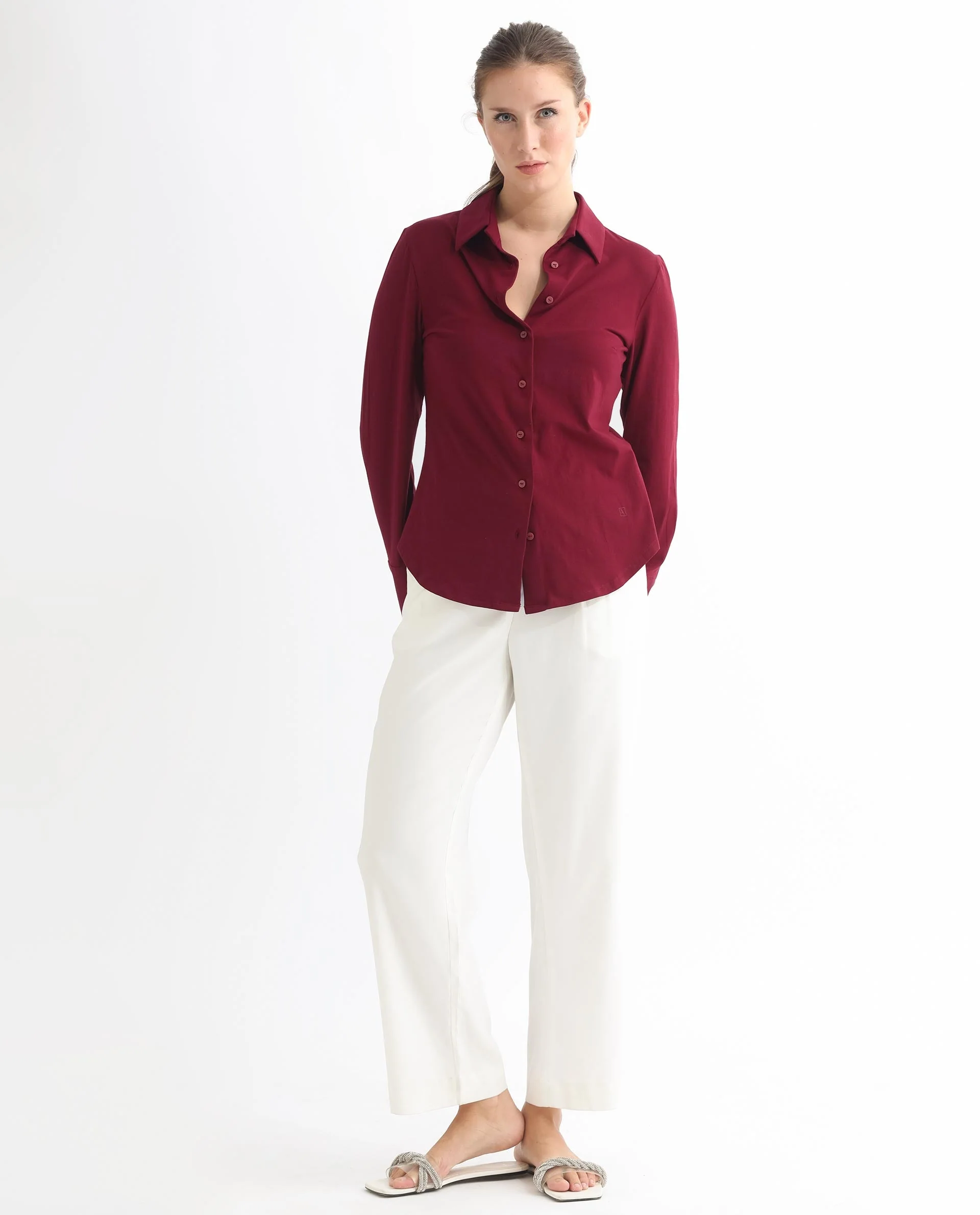 Rareism Women's Spie Maroon Cotton Spread Collar Plain Cuffed Sleeve Regular Fit Shirt - Image 12