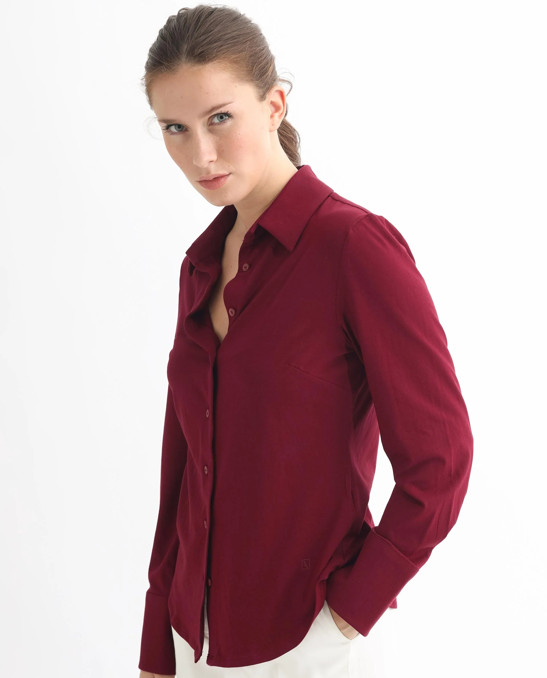 Rareism Women's Spie Maroon Cotton Spread Collar Plain Cuffed Sleeve Regular Fit Shirt - Image 13