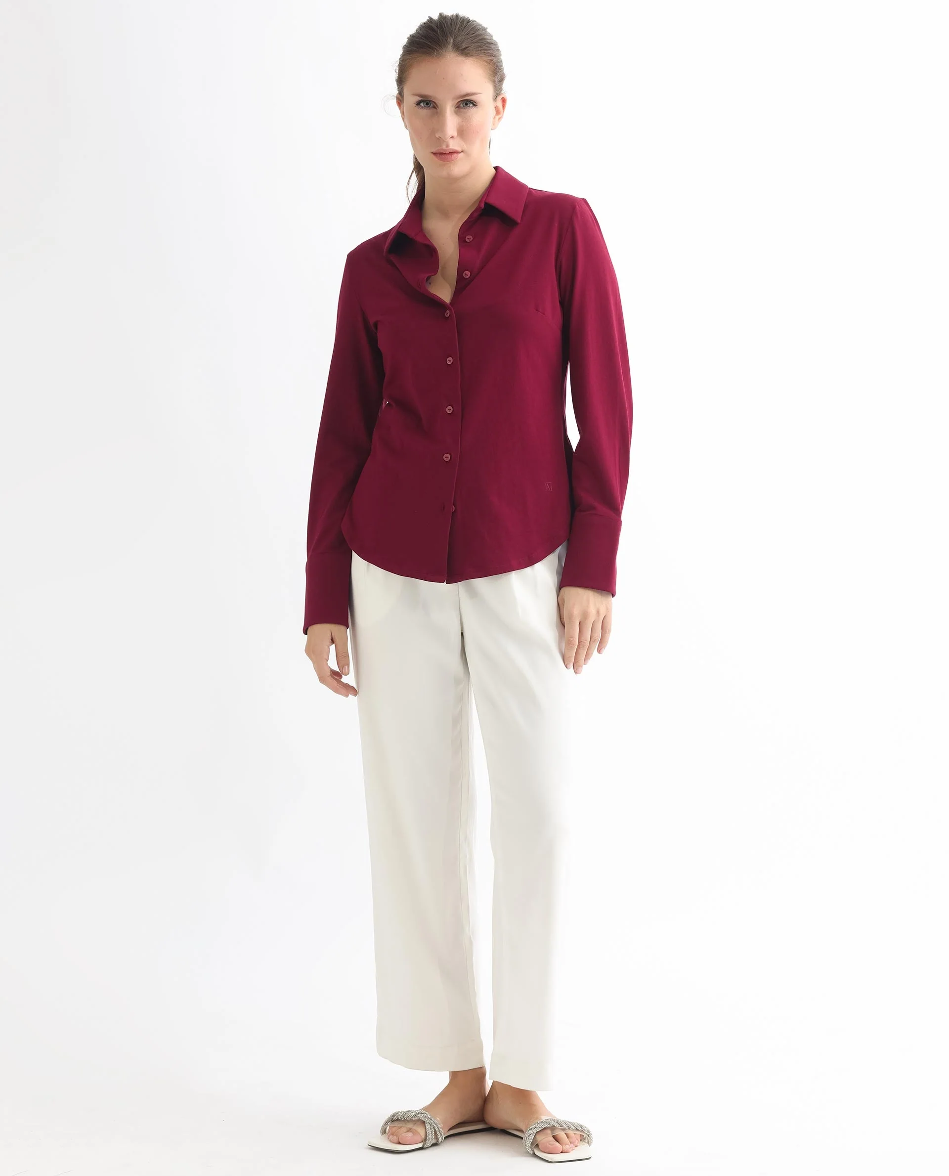 Rareism Women's Spie Maroon Cotton Spread Collar Plain Cuffed Sleeve Regular Fit Shirt - Image 15