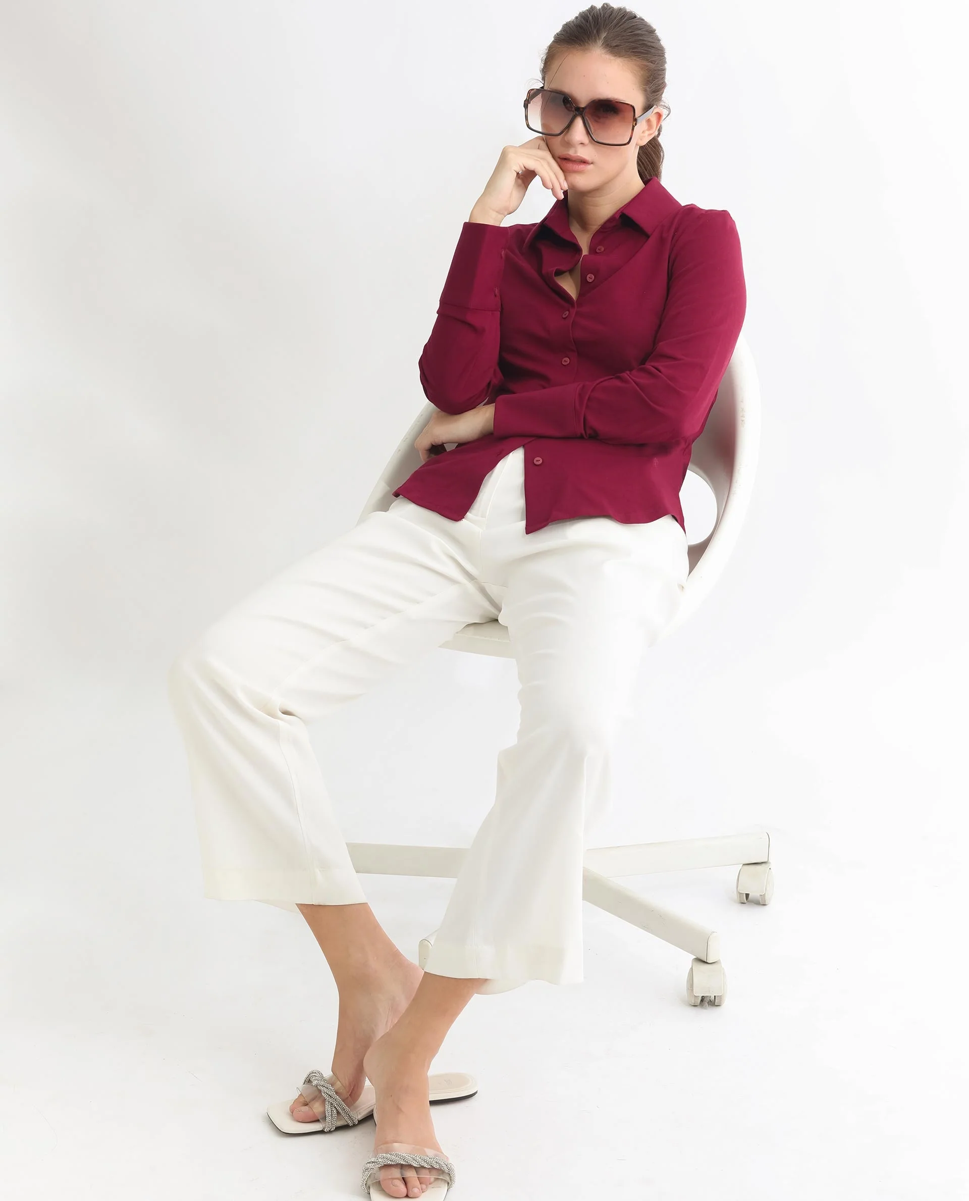 Rareism Women's Spie Maroon Cotton Spread Collar Plain Cuffed Sleeve Regular Fit Shirt - Image 17