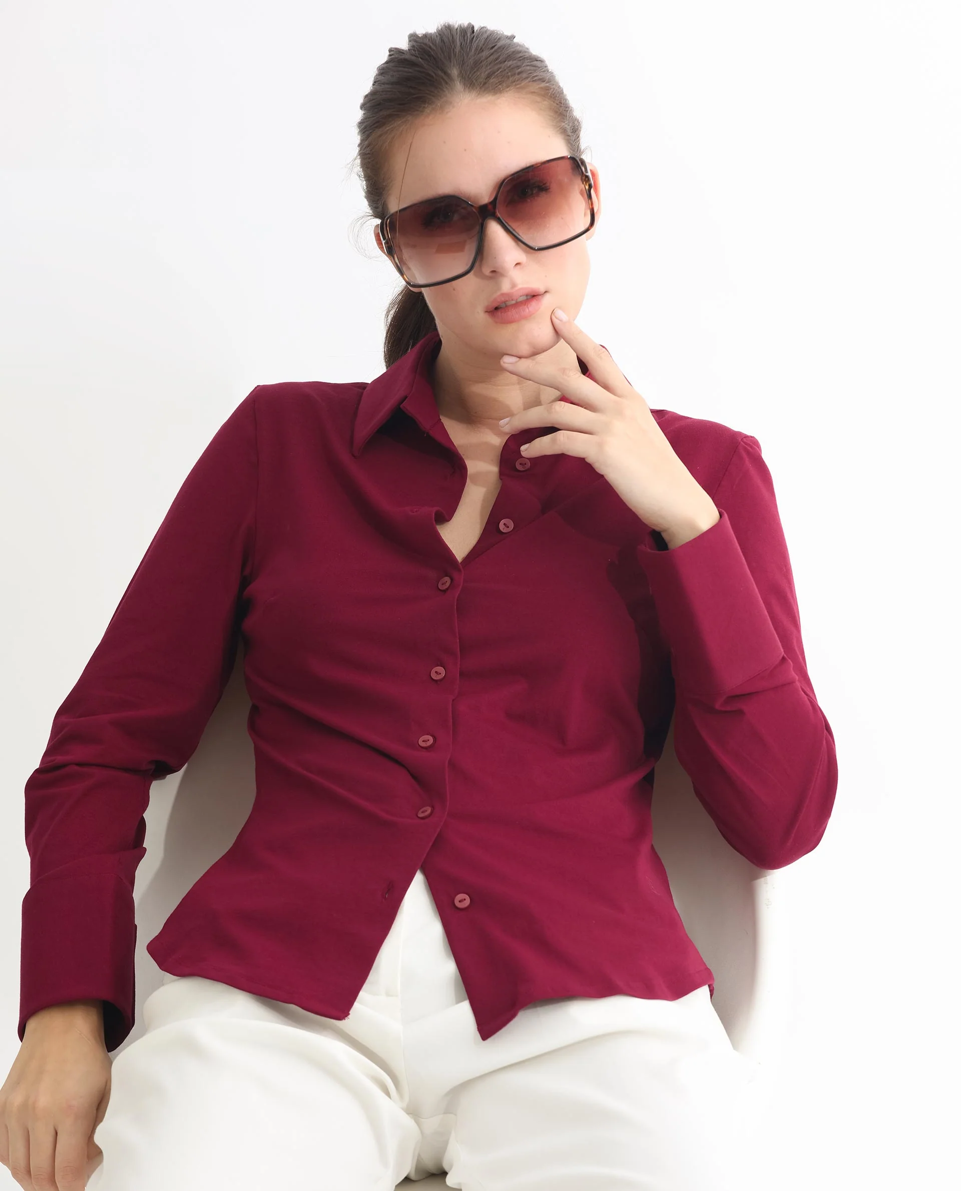 Rareism Women's Spie Maroon Cotton Spread Collar Plain Cuffed Sleeve Regular Fit Shirt - Image 18