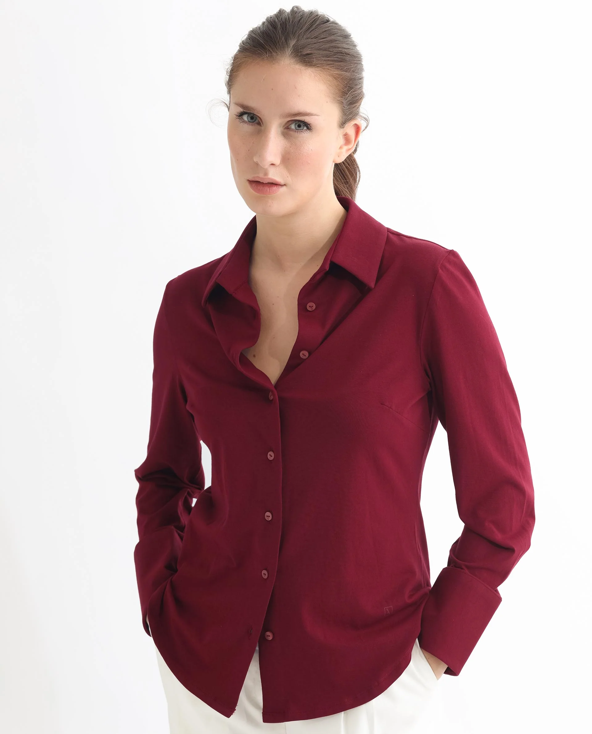 Rareism Women's Spie Maroon Cotton Spread Collar Plain Cuffed Sleeve Regular Fit Shirt - Image 3
