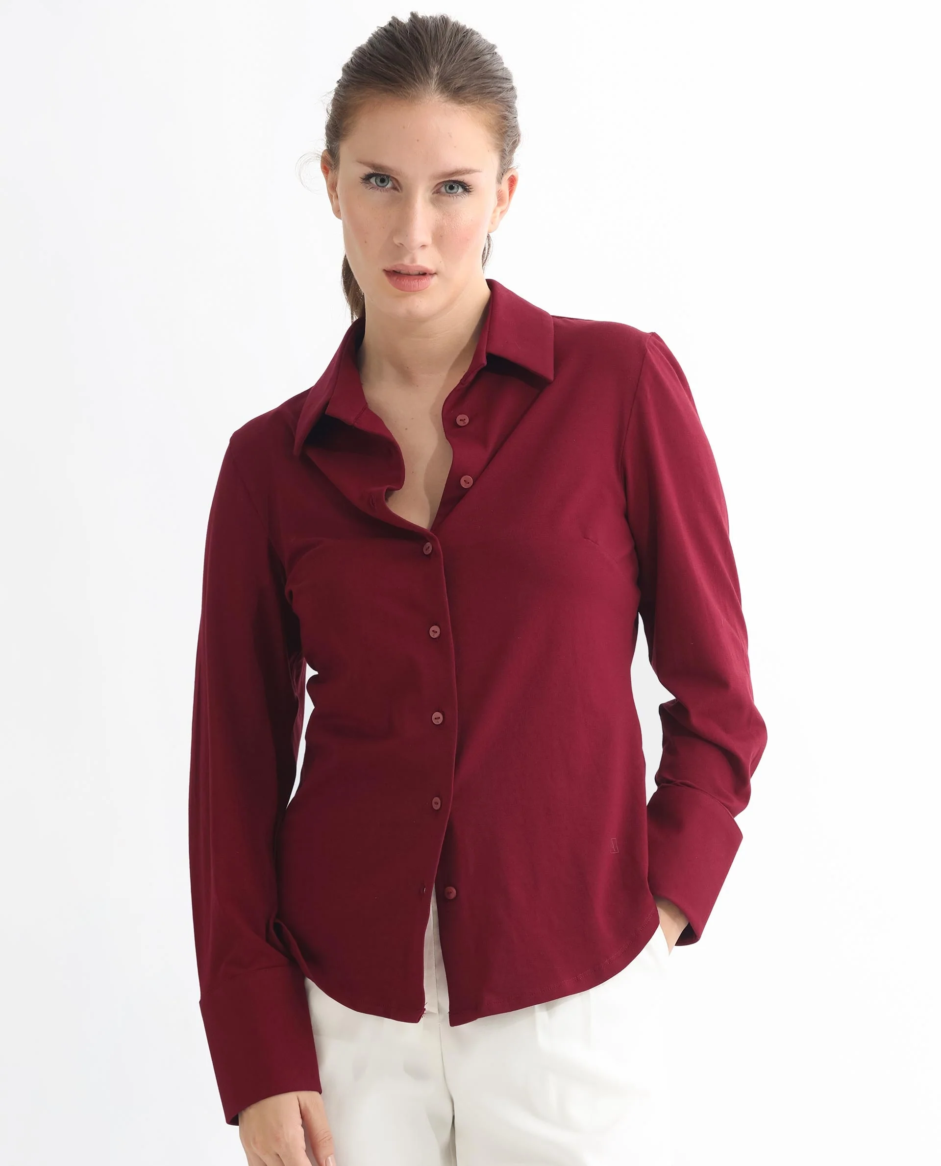 Rareism Women's Spie Maroon Cotton Spread Collar Plain Cuffed Sleeve Regular Fit Shirt - Image 4