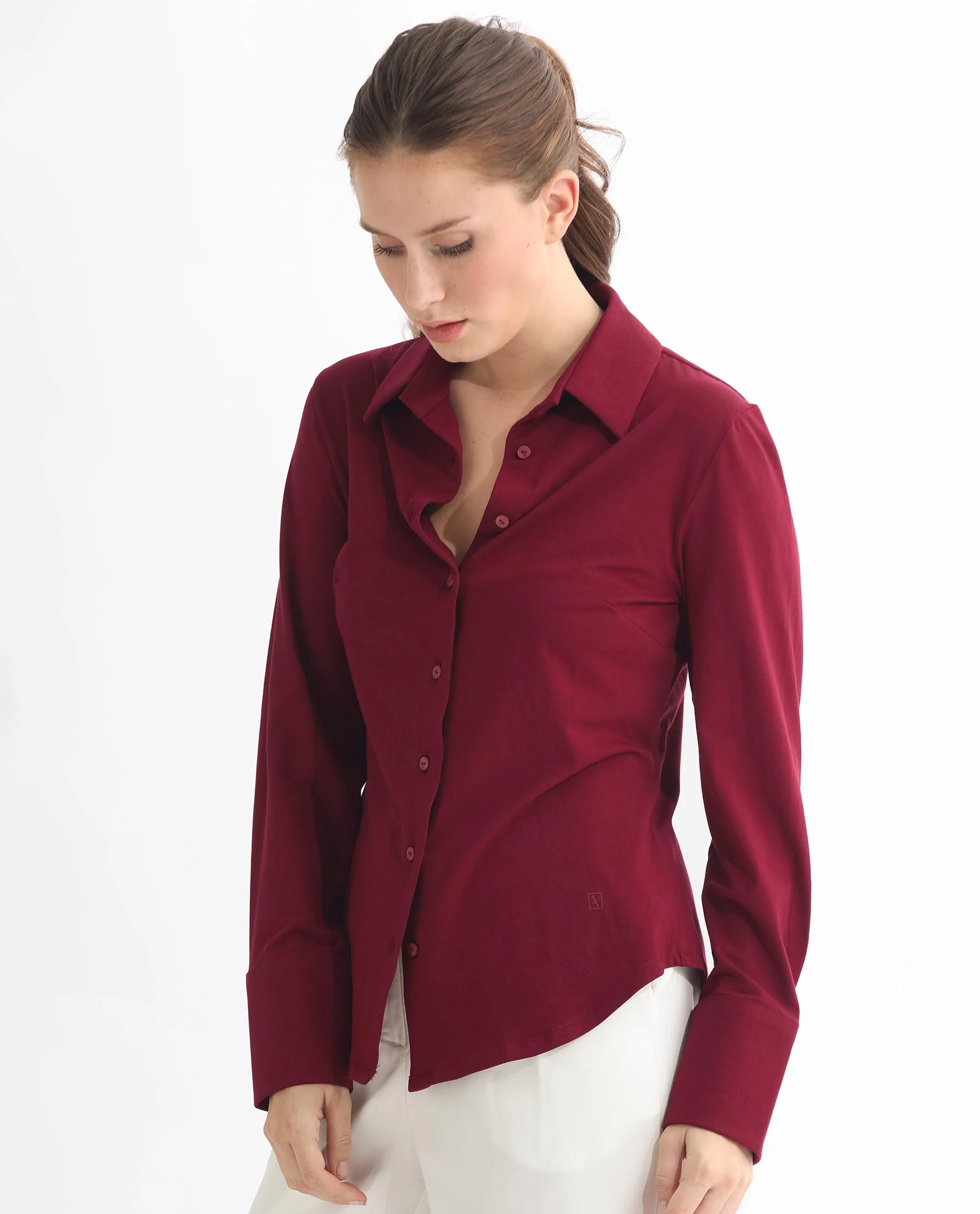 Rareism Women's Spie Maroon Cotton Spread Collar Plain Cuffed Sleeve Regular Fit Shirt - Image 7