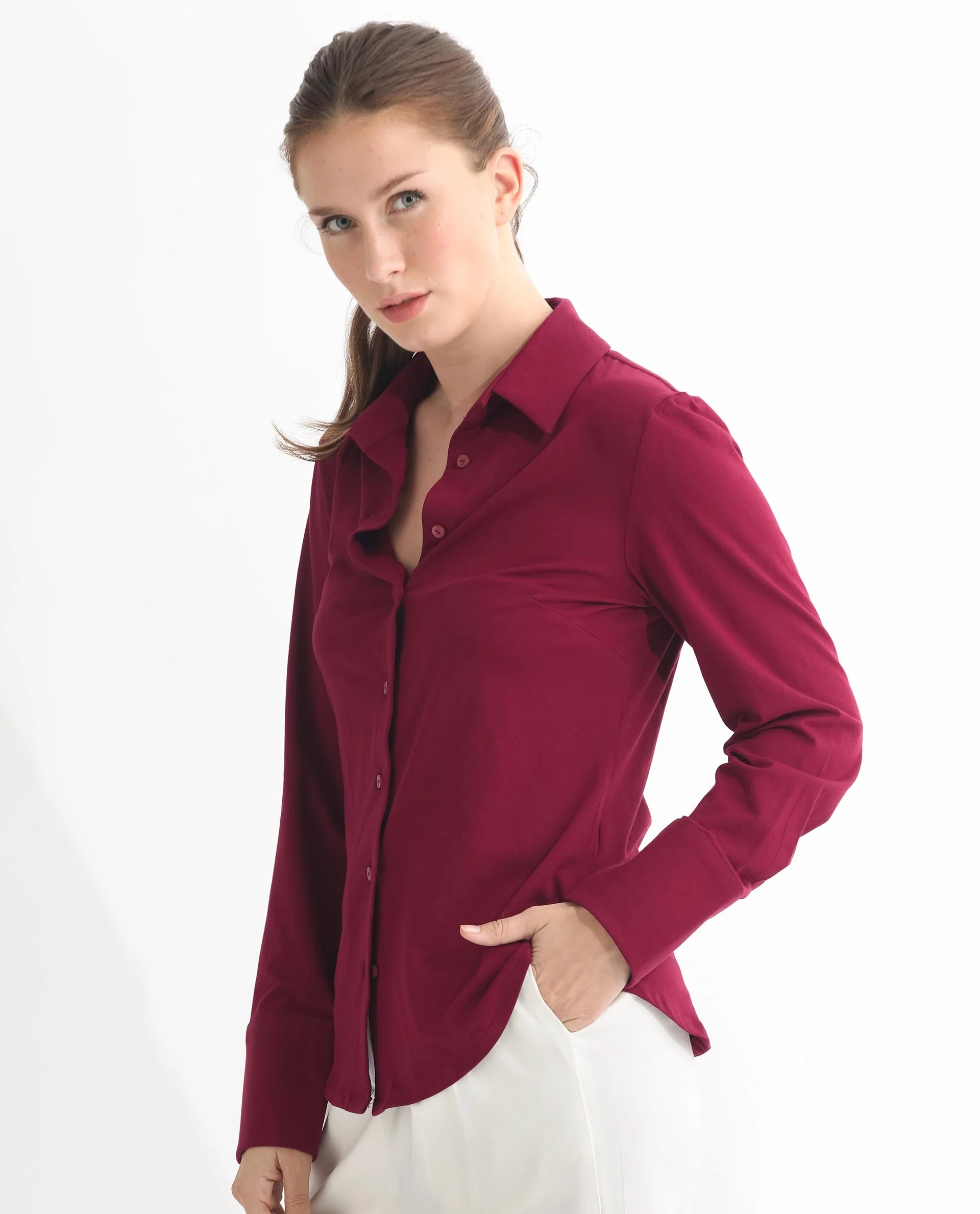 Rareism Women's Spie Maroon Cotton Spread Collar Plain Cuffed Sleeve Regular Fit Shirt - Image 8