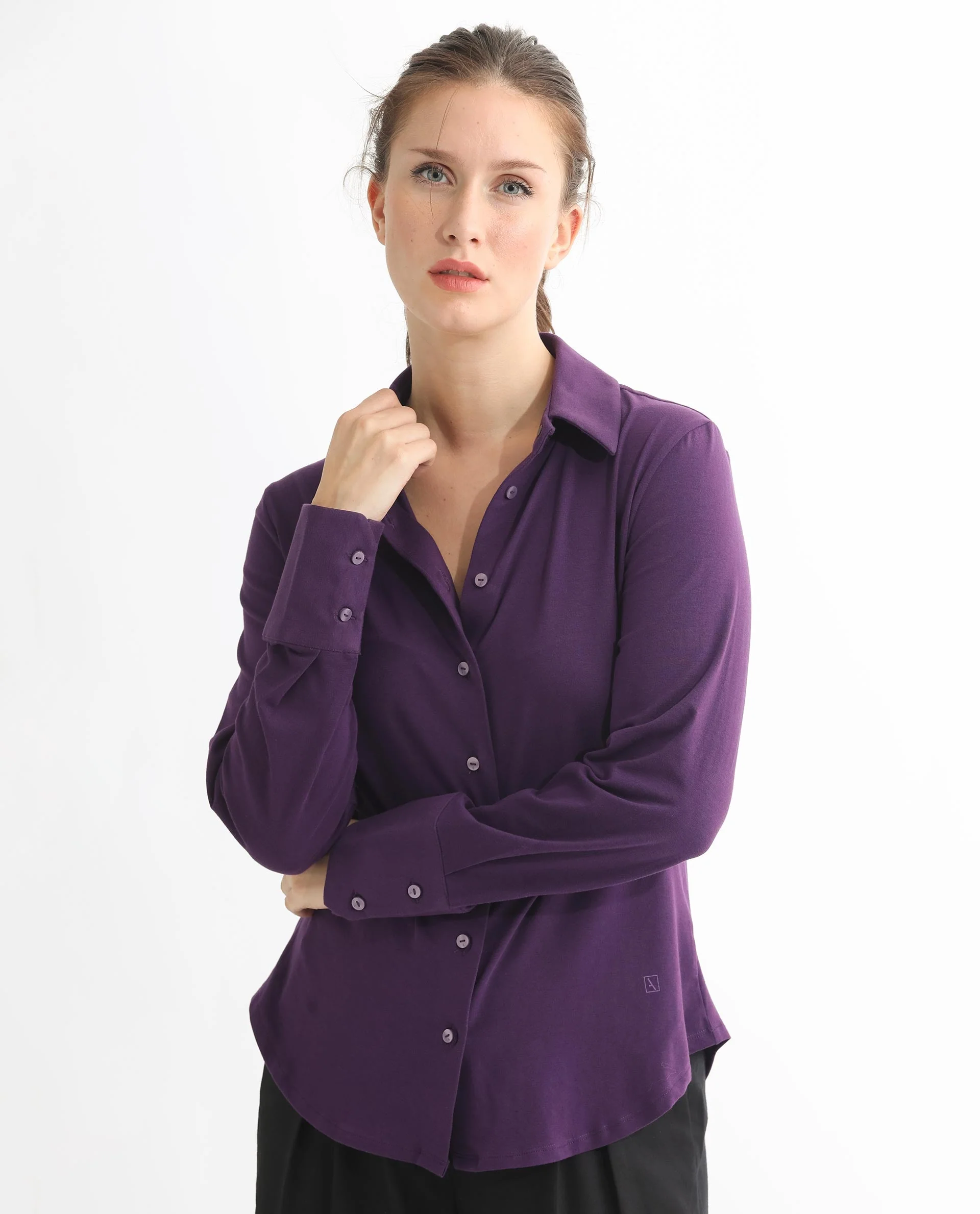 Rareism Women's Spie Dark Purple Cotton Spread Collar Plain Cuffed Sleeve Slim Fit Shirt - Image 2