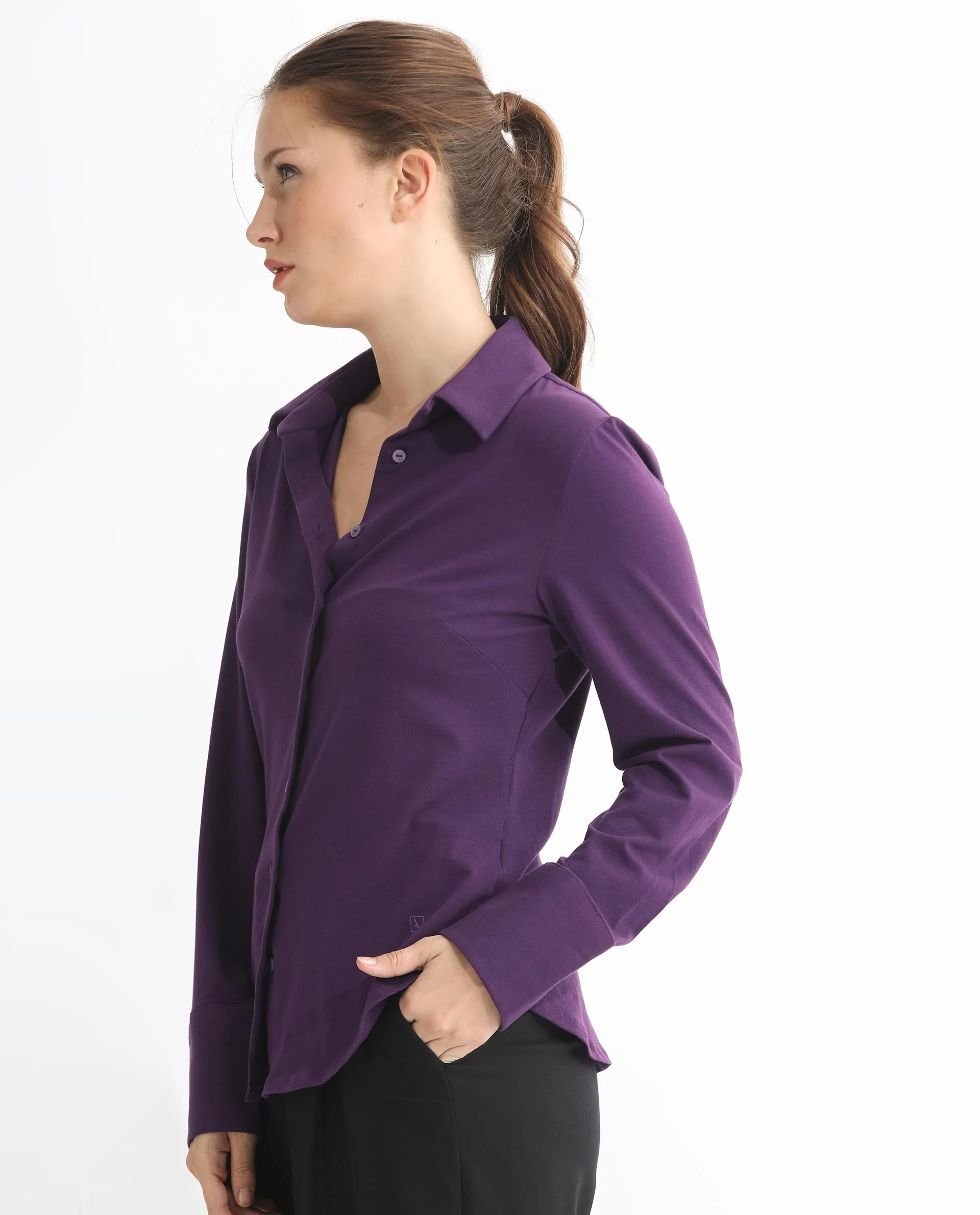 Rareism Women's Spie Dark Purple Cotton Spread Collar Plain Cuffed Sleeve Slim Fit Shirt - Image 3