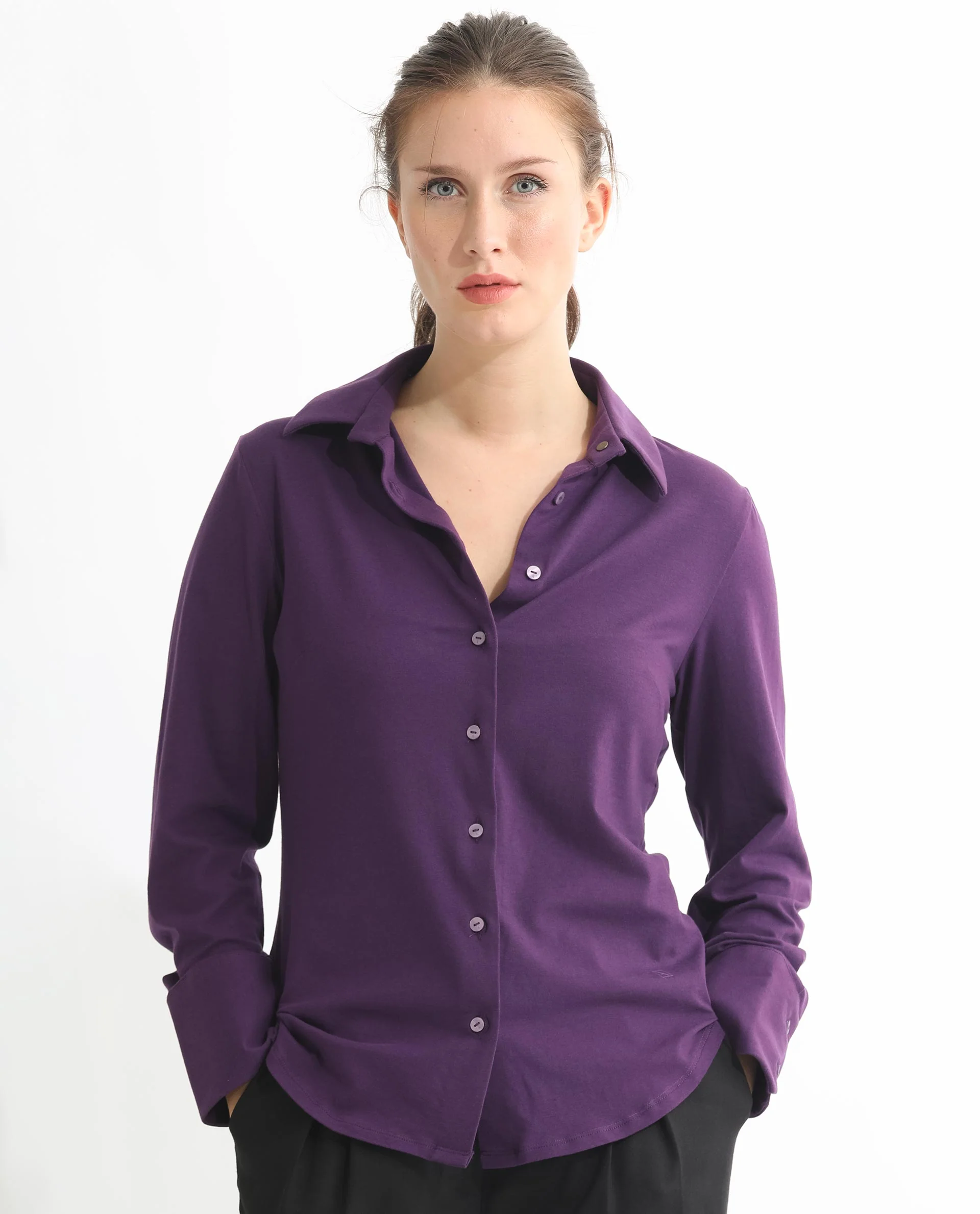 Rareism Women's Spie Dark Purple Cotton Spread Collar Plain Cuffed Sleeve Slim Fit Shirt - Image 4