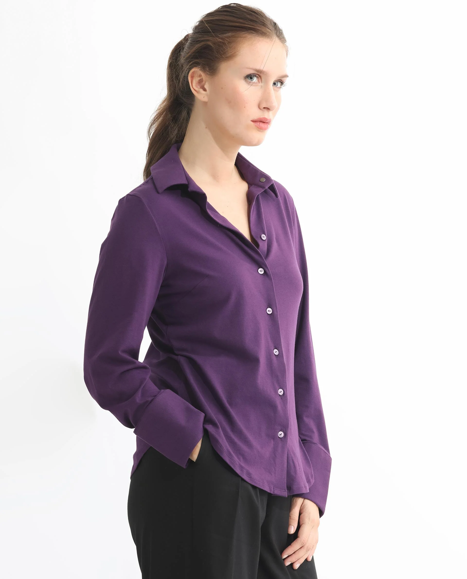 Rareism Women's Spie Dark Purple Cotton Spread Collar Plain Cuffed Sleeve Slim Fit Shirt - Image 5