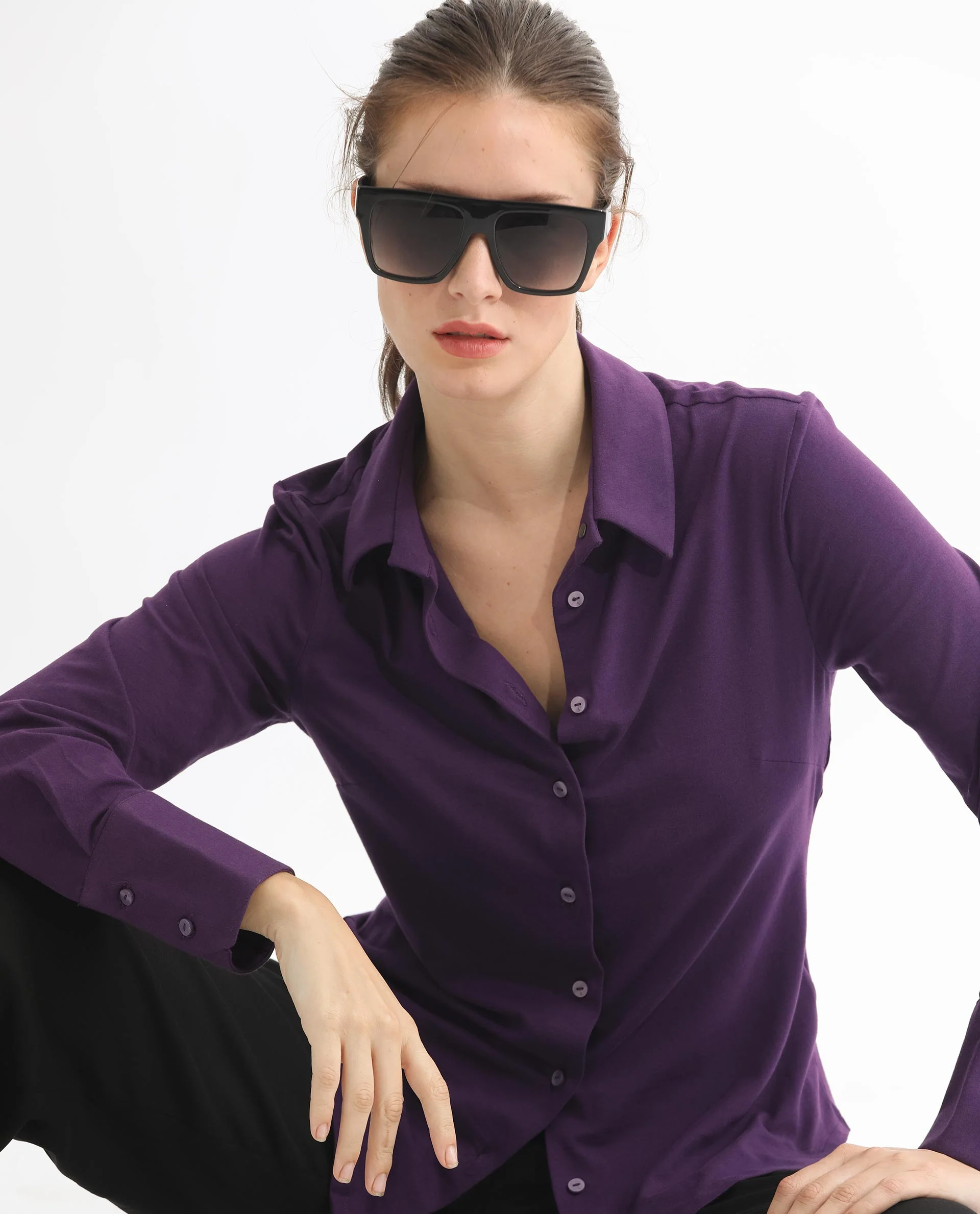 Rareism Women's Spie Dark Purple Cotton Spread Collar Plain Cuffed Sleeve Slim Fit Shirt - Image 6