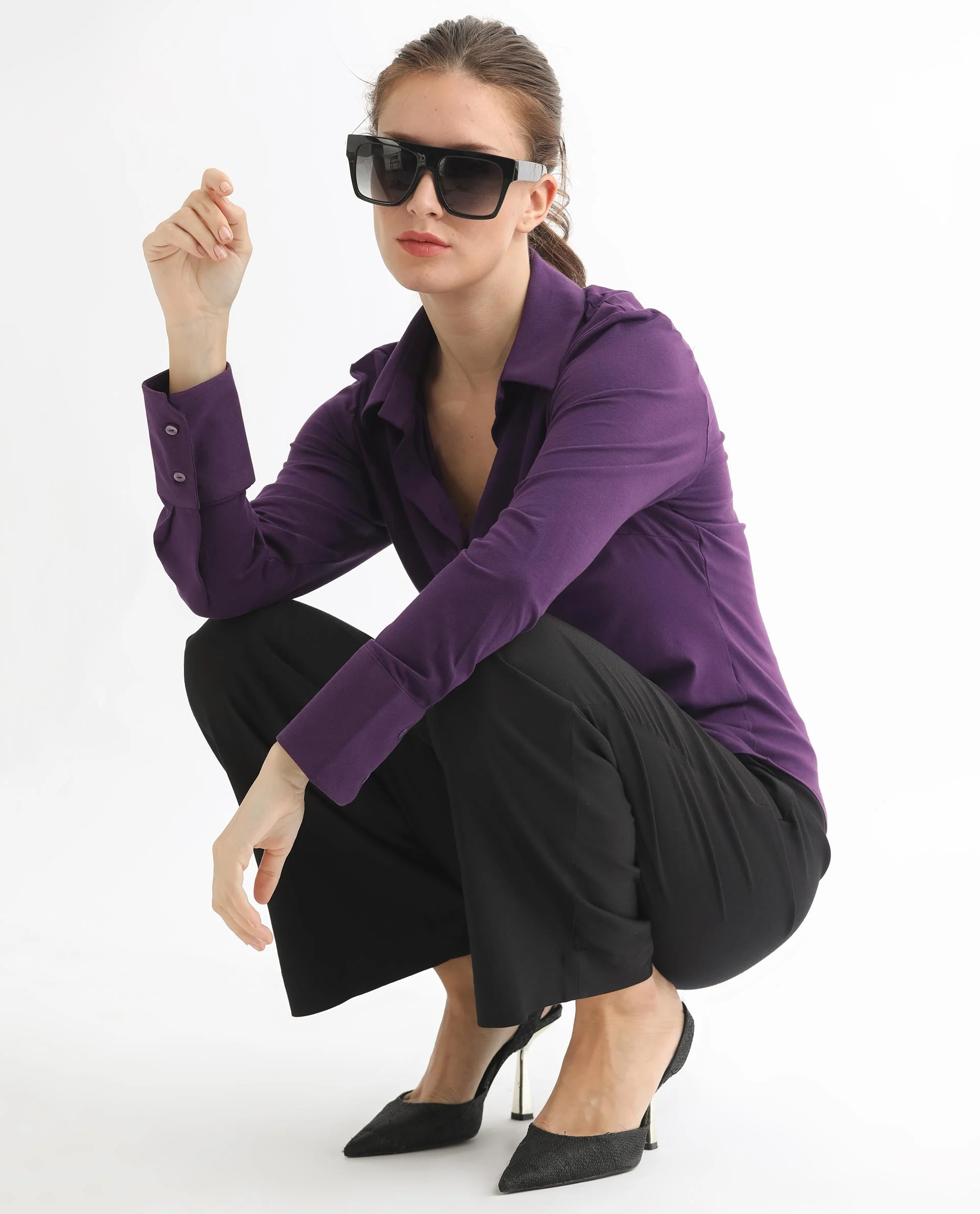 Rareism Women's Spie Dark Purple Cotton Spread Collar Plain Cuffed Sleeve Slim Fit Shirt - Image 8
