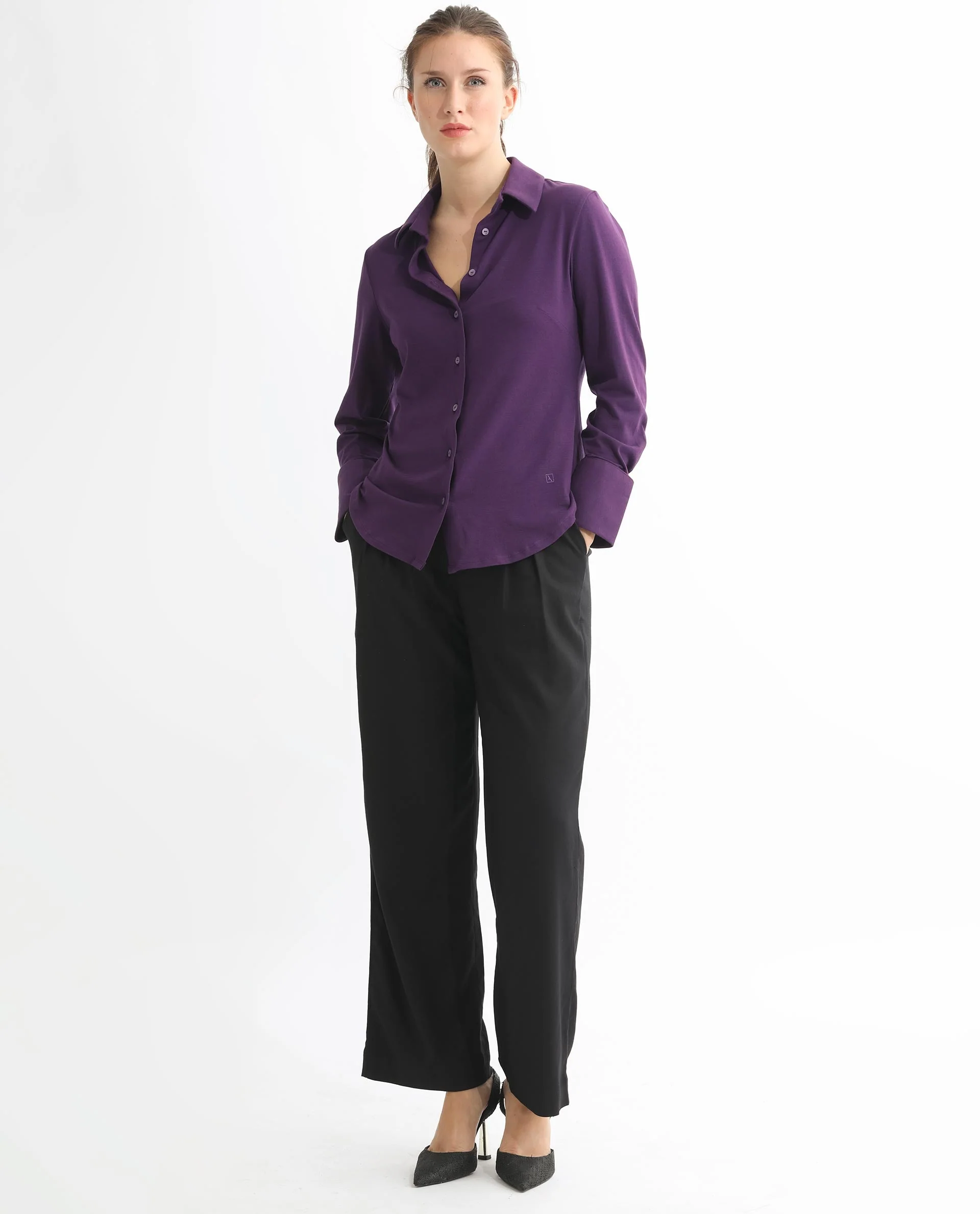 Rareism Women's Spie Dark Purple Cotton Spread Collar Plain Cuffed Sleeve Slim Fit Shirt - Image 9
