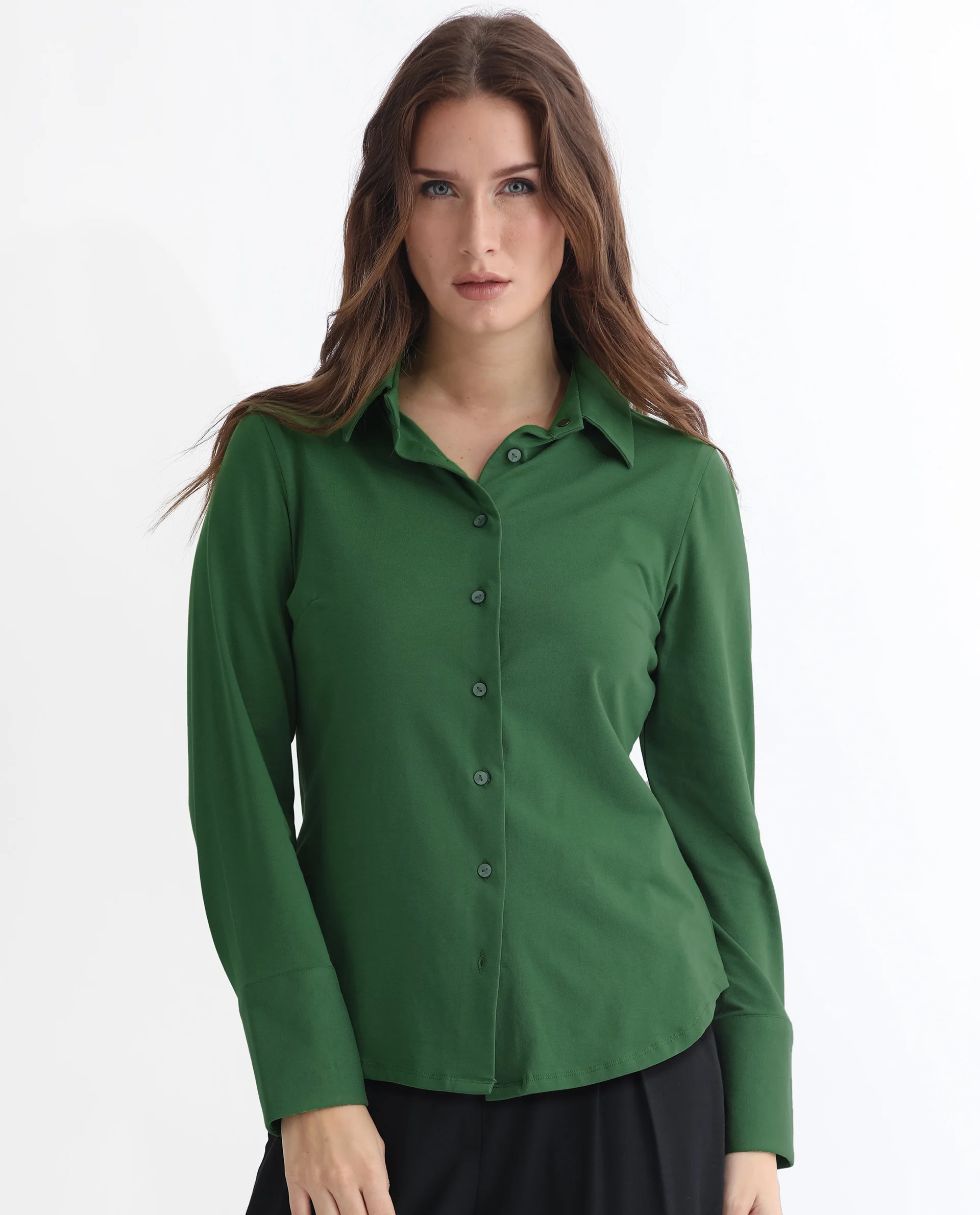 Rareism Women's Spie Olive Cotton Drop Collar Plain Cuffed Sleeve Regular Fit Shirt