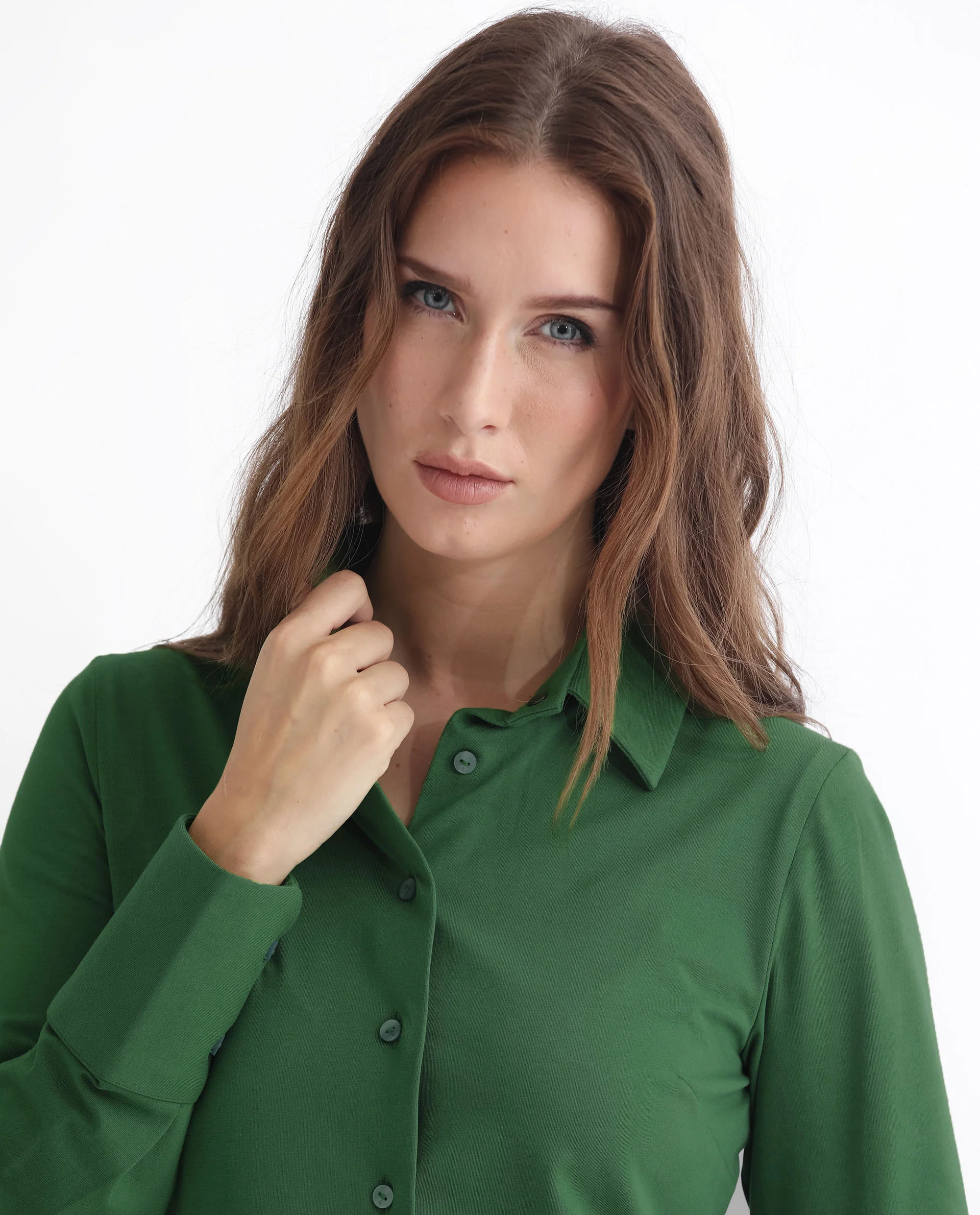 Rareism Women's Spie Olive Cotton Drop Collar Plain Cuffed Sleeve Regular Fit Shirt - Image 3