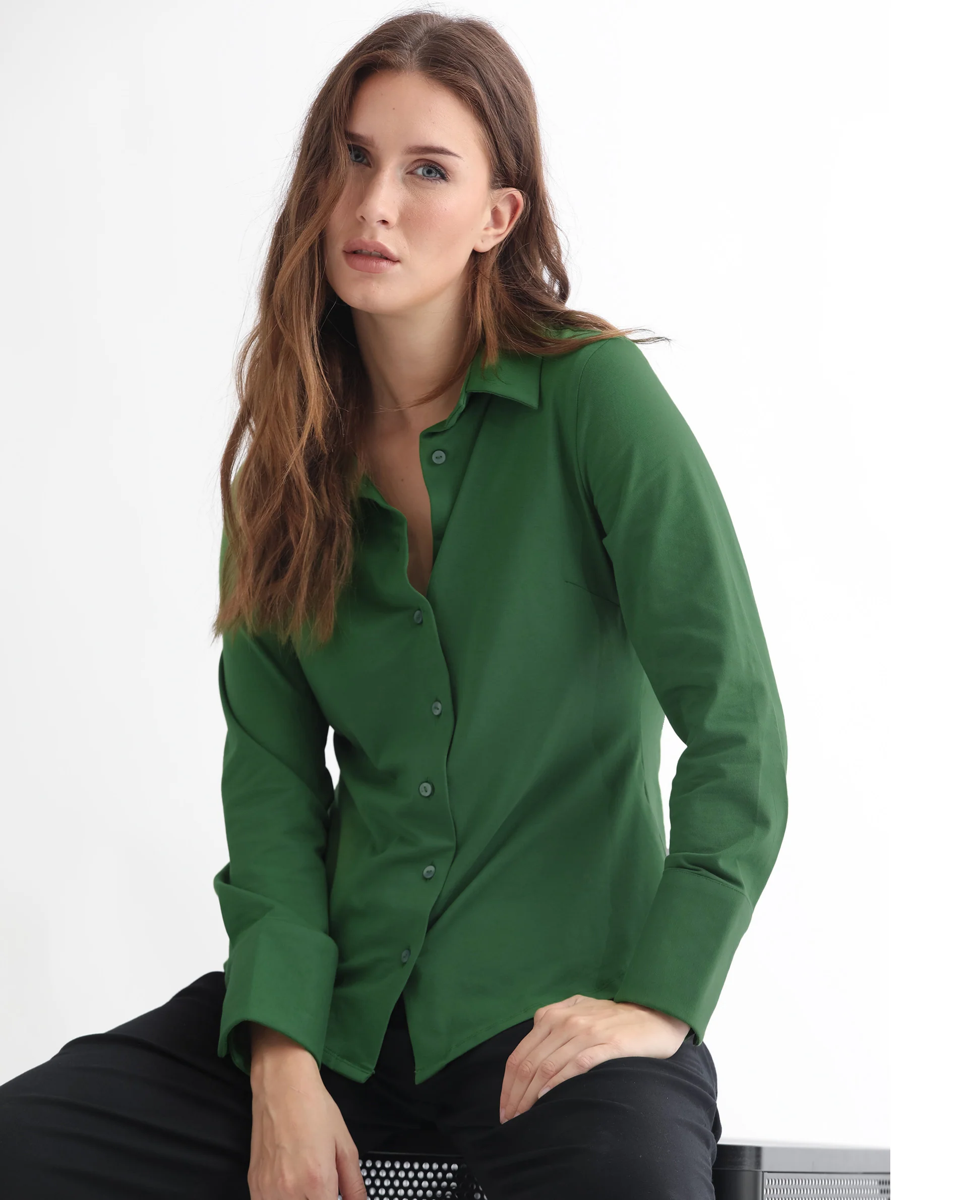 Rareism Women's Spie Olive Cotton Drop Collar Plain Cuffed Sleeve Regular Fit Shirt - Image 5