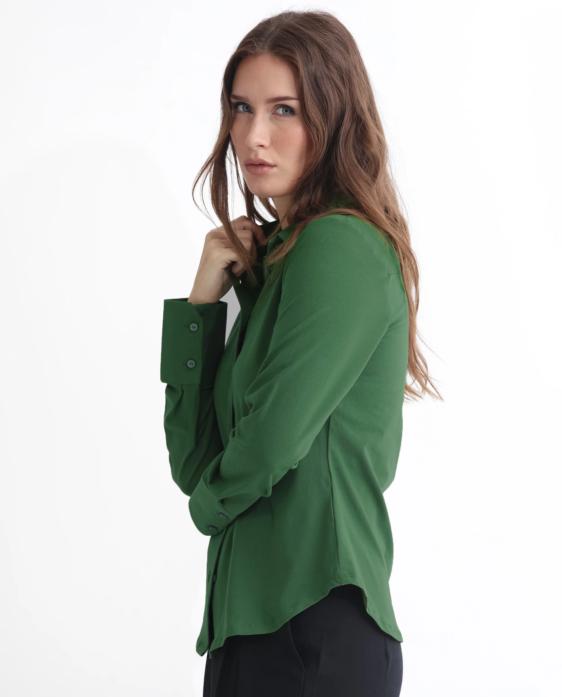 Rareism Women's Spie Olive Cotton Drop Collar Plain Cuffed Sleeve Regular Fit Shirt - Image 7