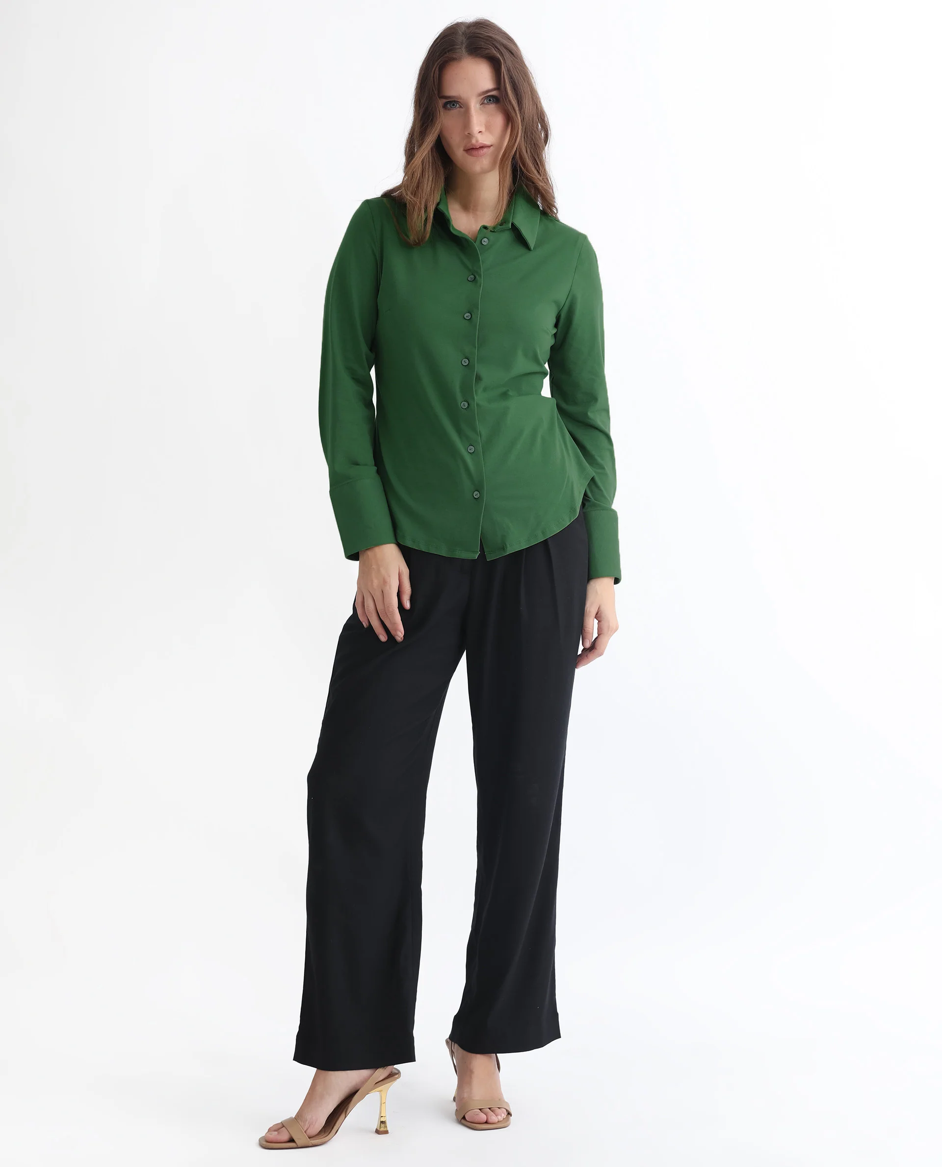 Rareism Women's Spie Olive Cotton Drop Collar Plain Cuffed Sleeve Regular Fit Shirt - Image 9