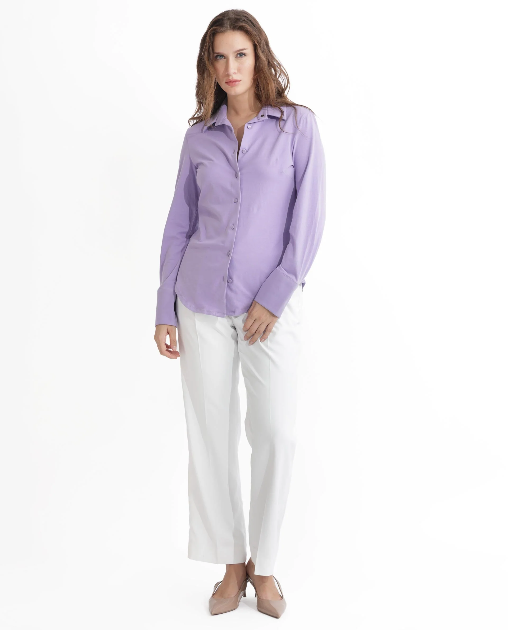 Rareism Women's Spie Pastel Purple Cotton Drop Collar Plain Cuffed Sleeve Regular Fit Shirt - Image 2
