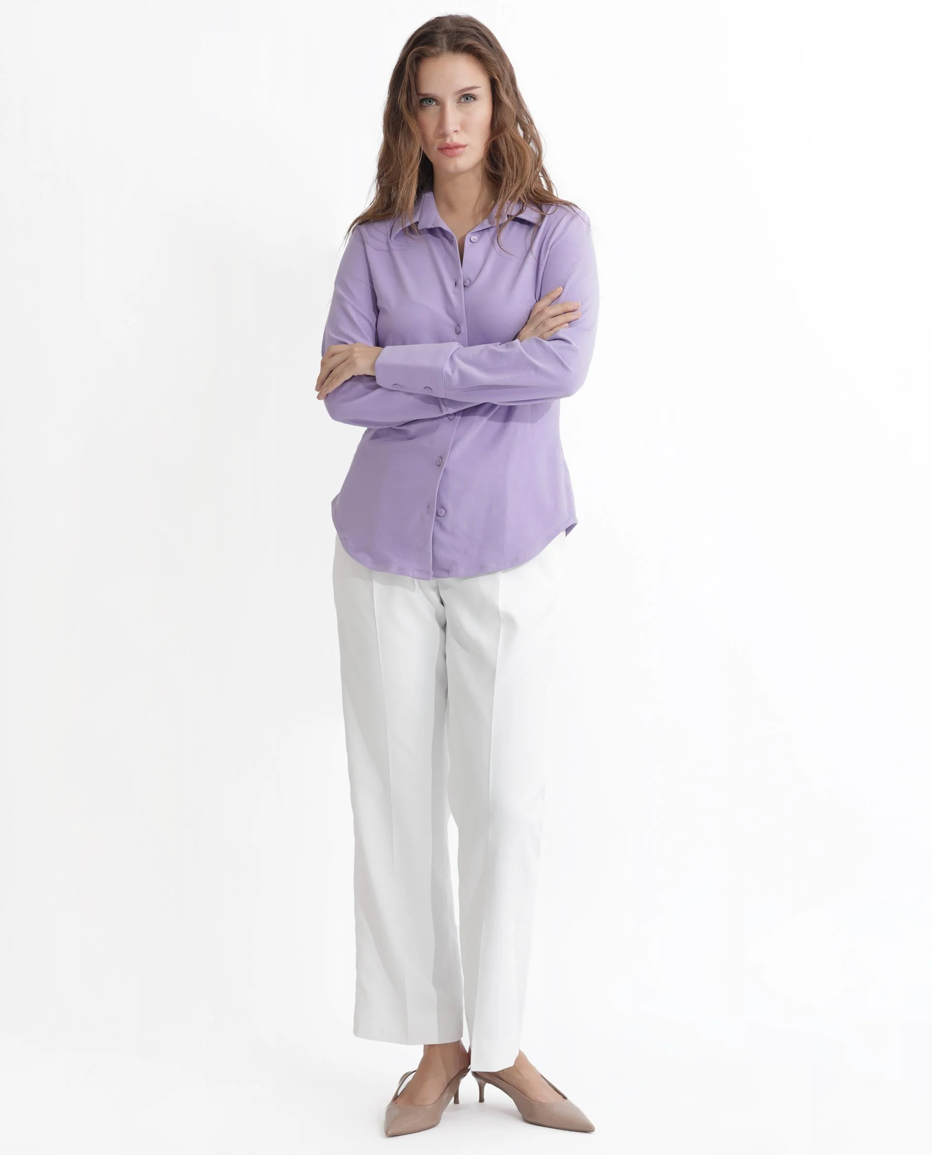 Rareism Women's Spie Pastel Purple Cotton Drop Collar Plain Cuffed Sleeve Regular Fit Shirt - Image 5