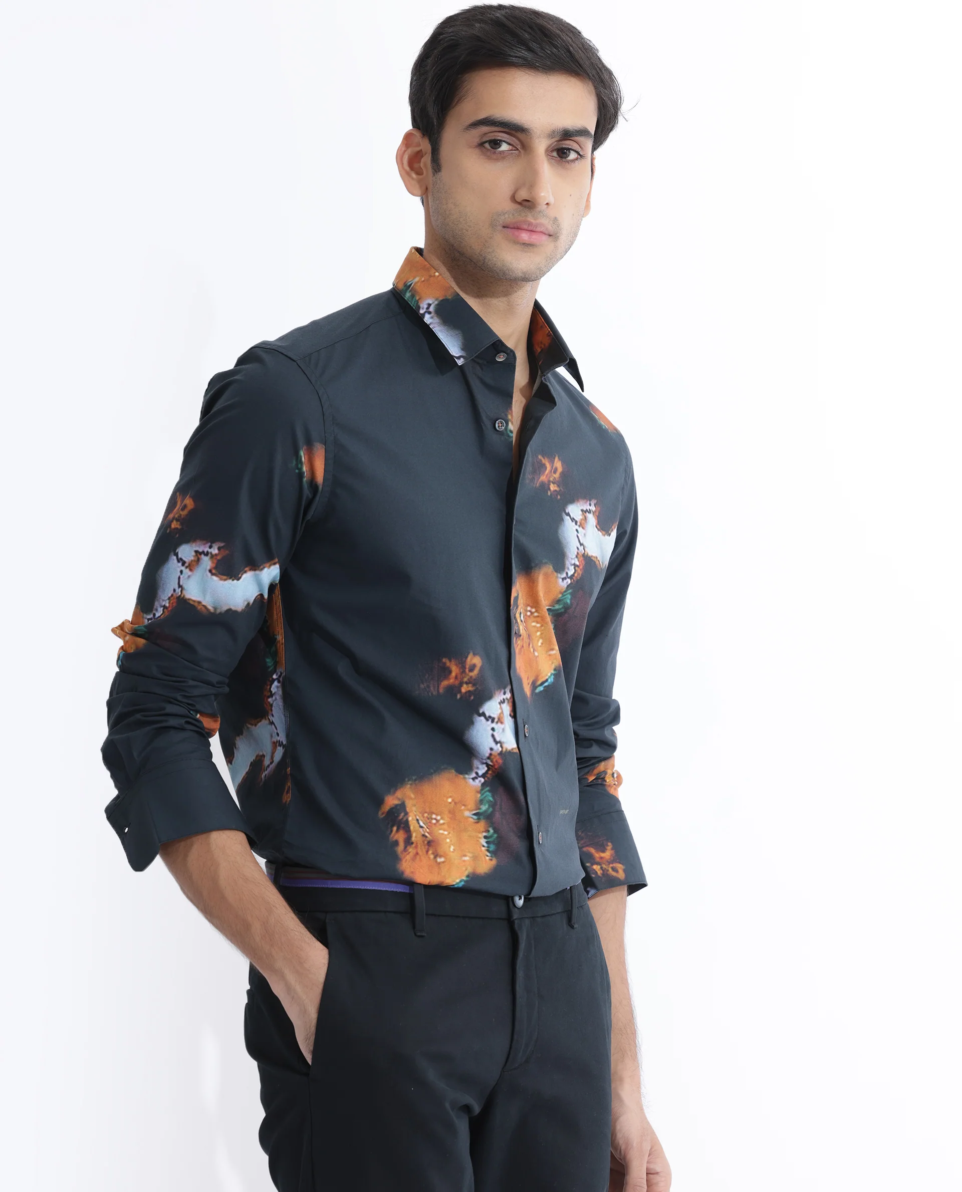 Rare Rabbit Men's Spillerr Navy Cotton Abstract Print Regular Fit Full Sleeve Collared Shirt - Image 3