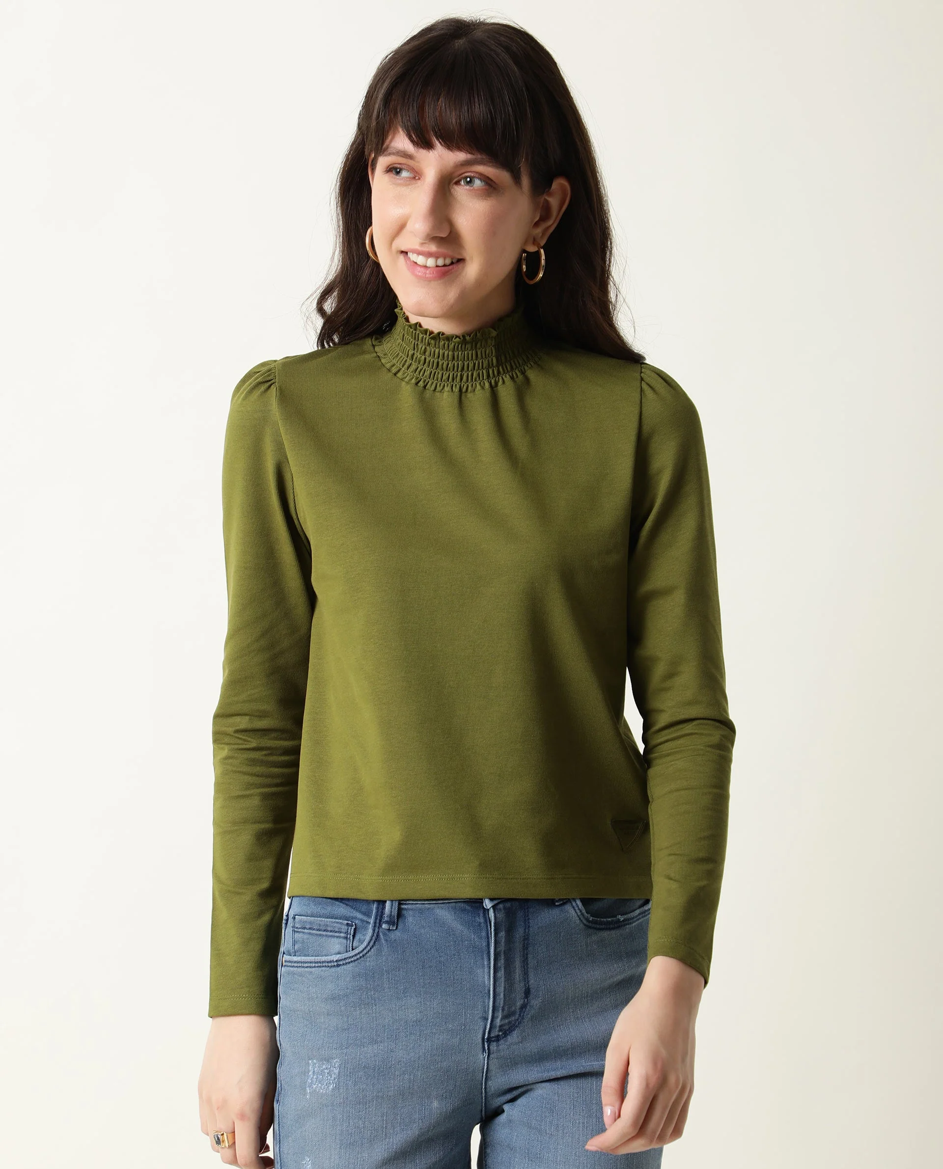 Rareism Women Spinny Olive T-Shirt Full Sleeves