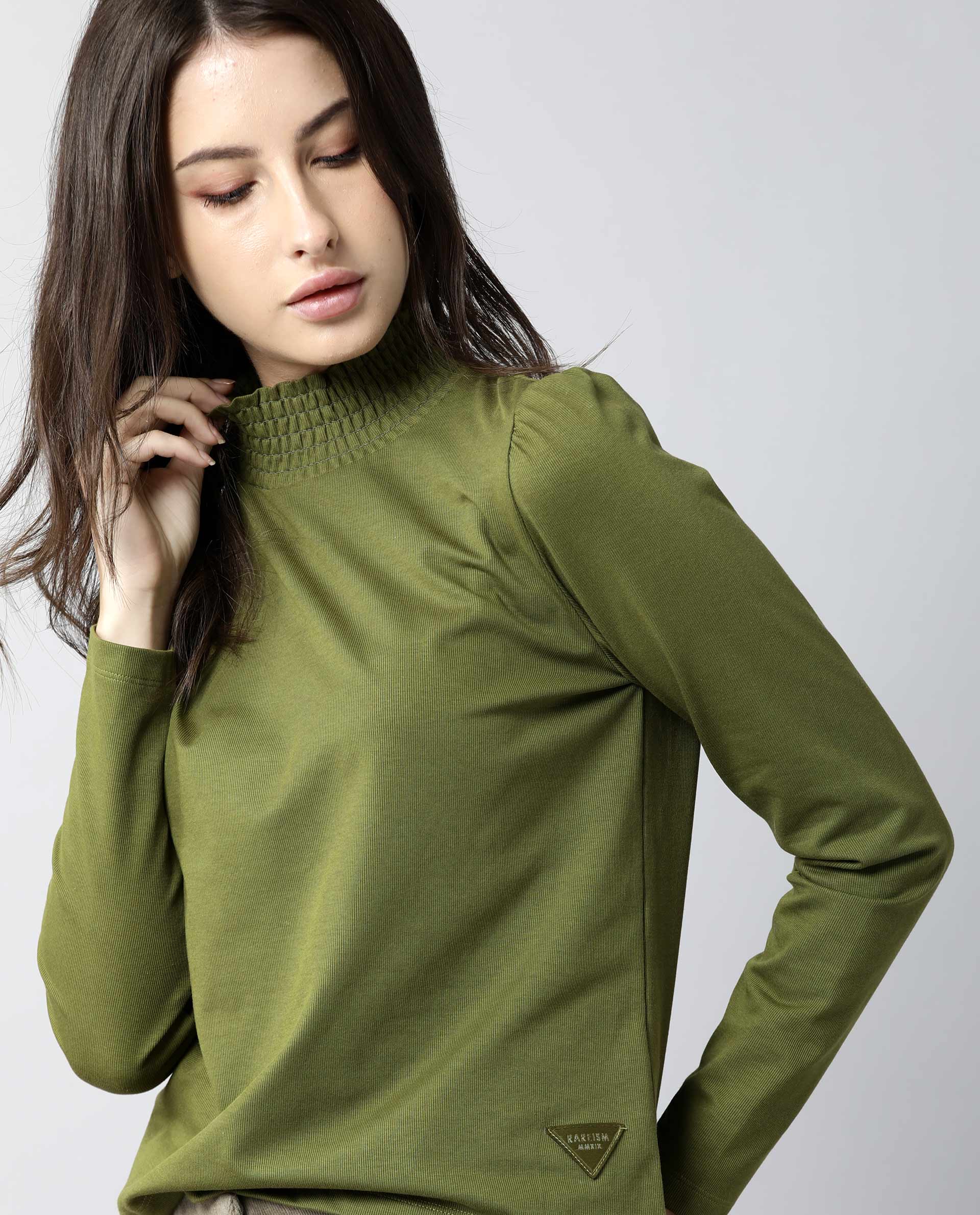 Rareism Women Spinny Olive T-Shirt Full Sleeves - Image 12
