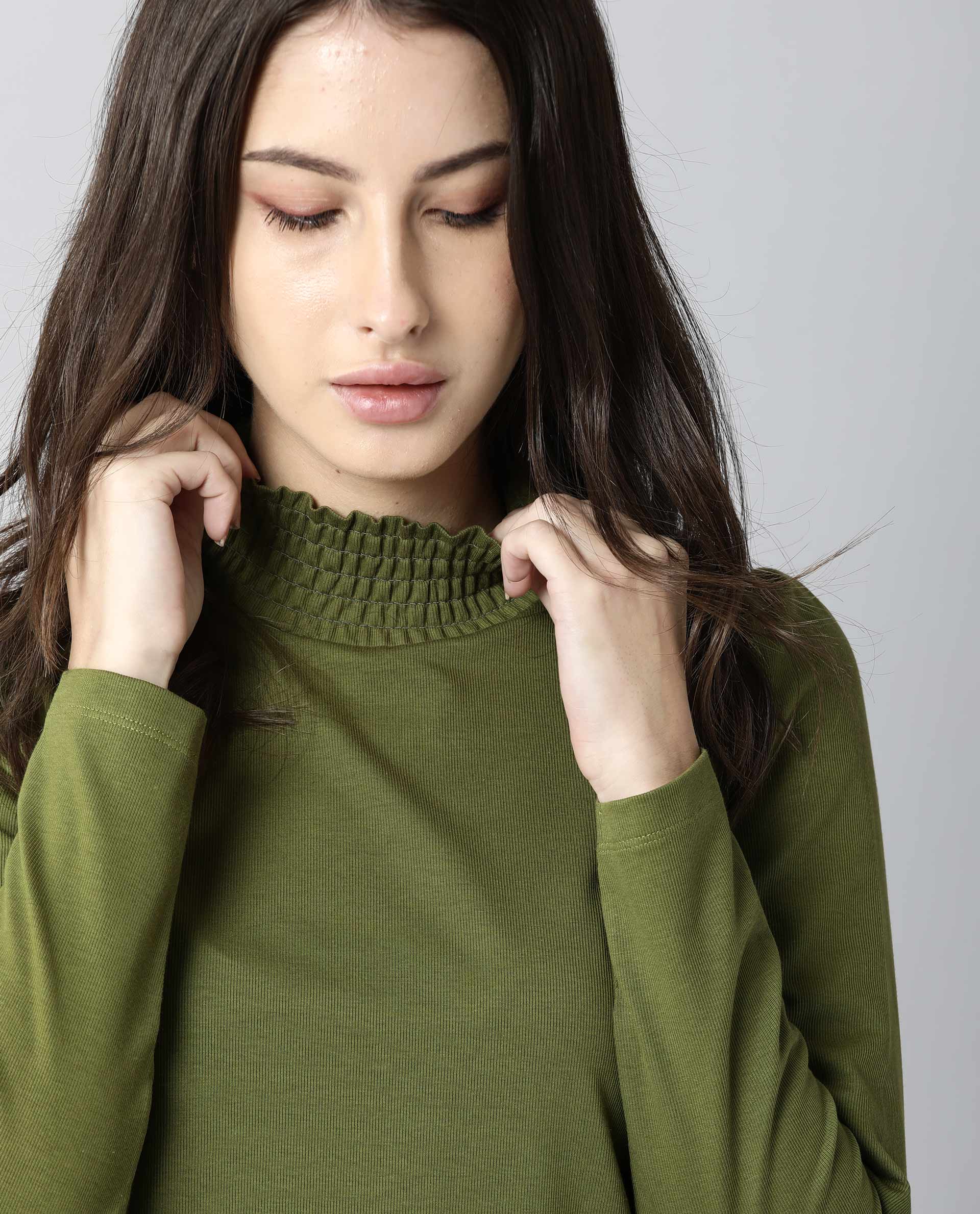 Rareism Women Spinny Olive T-Shirt Full Sleeves - Image 5