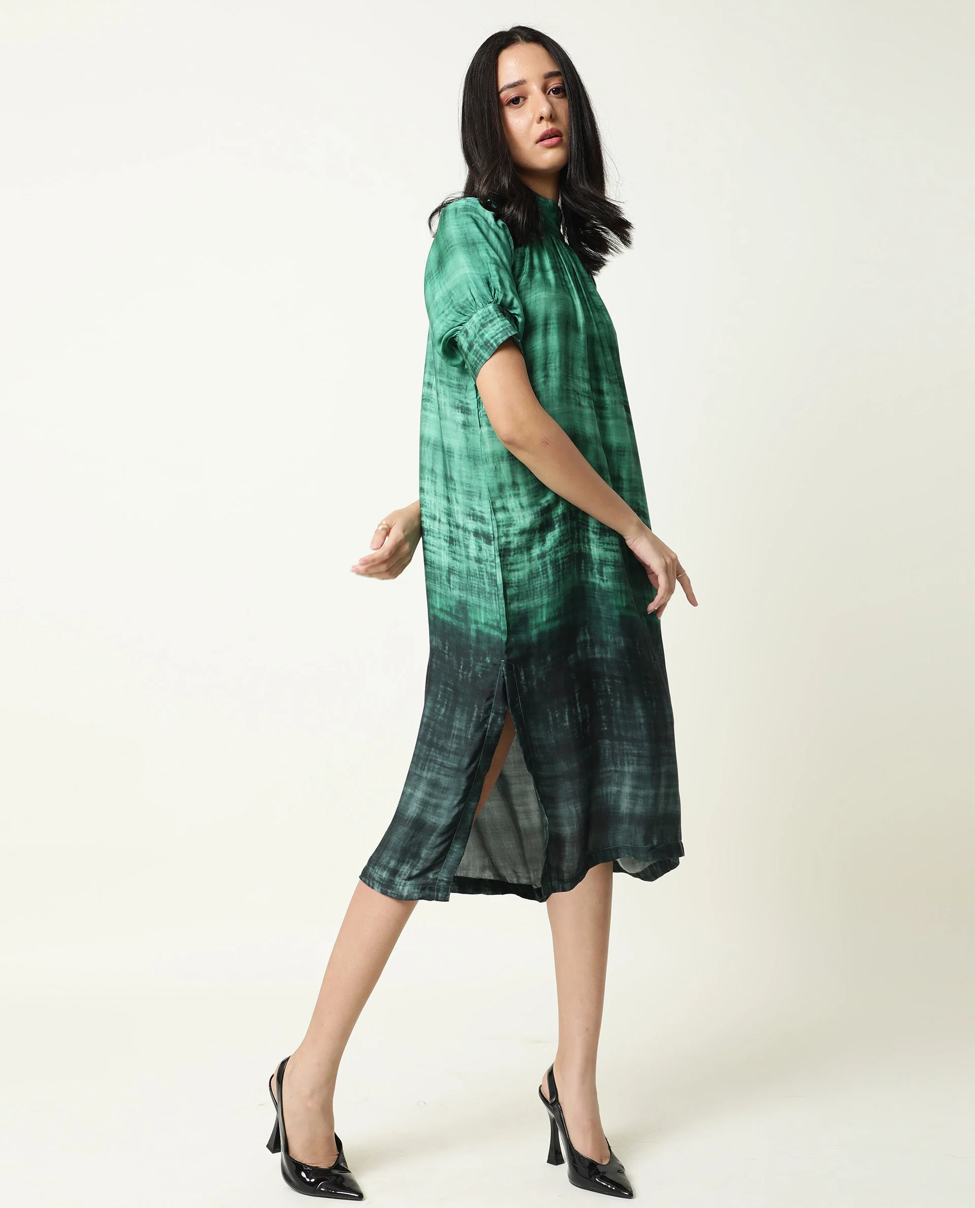 Rareism Women's Split Green Modal Blend High Neck Ombre Puff Sleeves Midi Flared Dress - Image 3