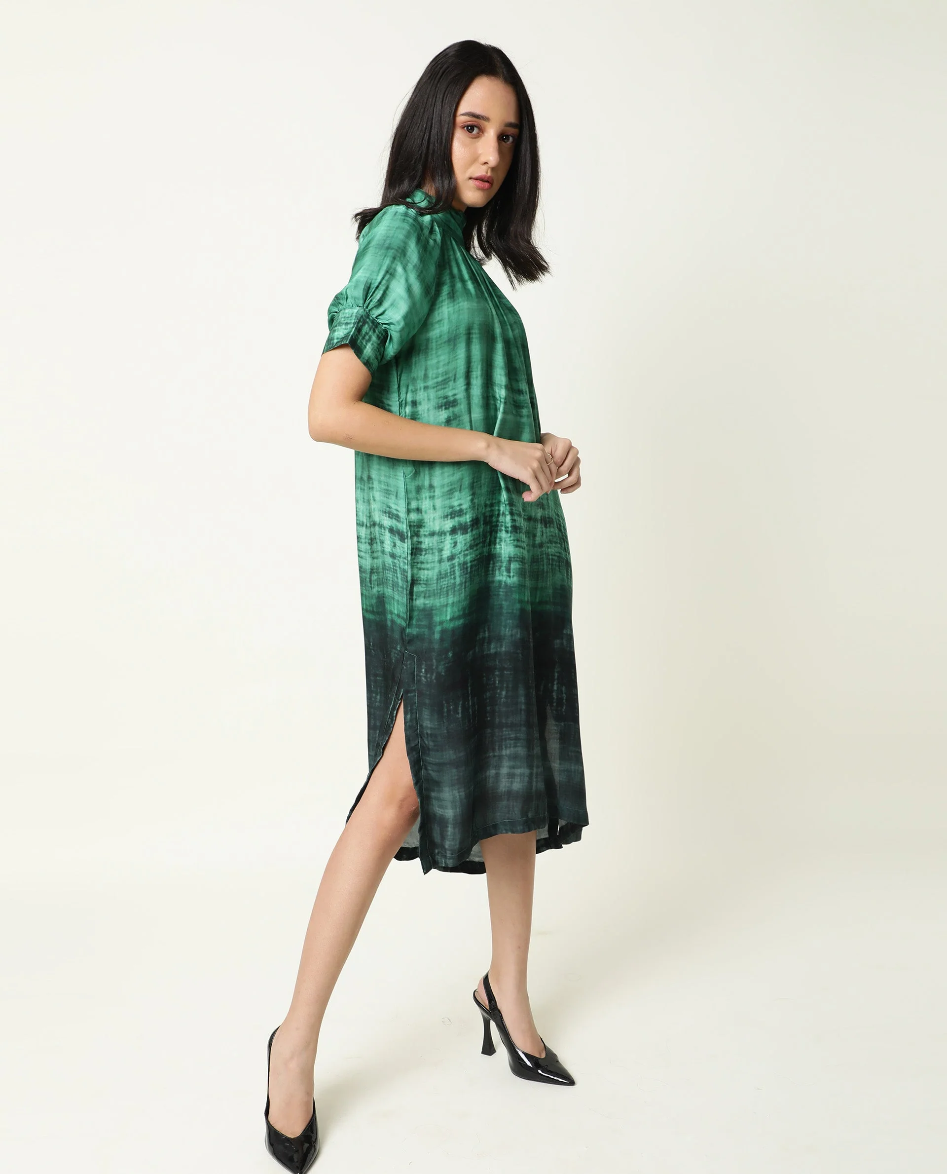 Rareism Women's Split Green Modal Blend High Neck Ombre Puff Sleeves Midi Flared Dress - Image 4